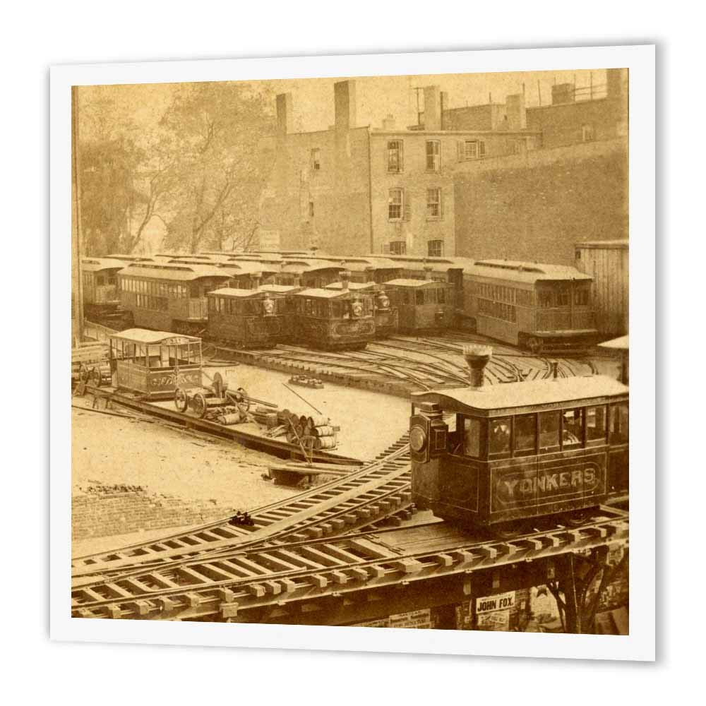 3dRoseht_97707_2 1860S New York City Train on Ny Elevated Railroad Yonkers Switch Station-Iron on Heat Transfer for Material, 6 by 6-Inch, White