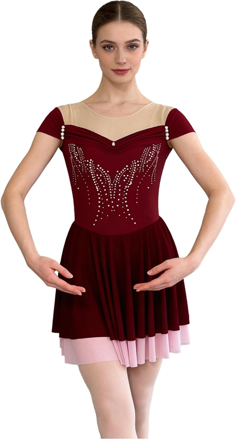 ranrann Women Ice Figure Skating Dress Cap Sleeve Rhythmic Gymnastics Leotard Block Color Tiered Mesh Skirt