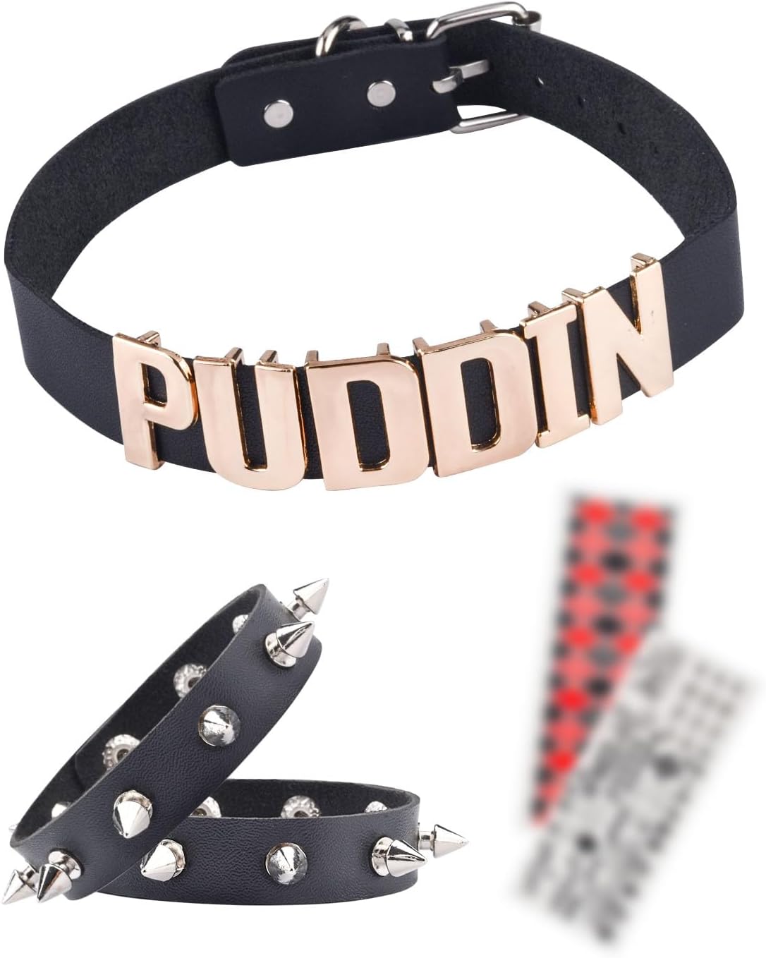 Puddin Choker Halloween Set Adjustable Punk Leather Letter Collar Necklace Tattoo Stickers Rivets Spike Bracelet Halloween Cosplay Accessories for Women Girls