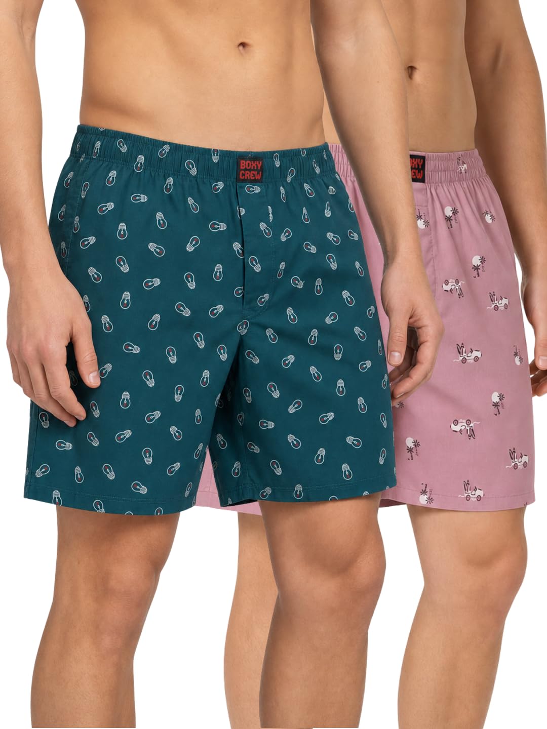 Men's 100% Cotton Printed Boxer Shorts Pack of 2 with Dual Side Pockets and Fabric-Covered Waistband - Teal/Pink, Styles MBX027, MBX028-image-25