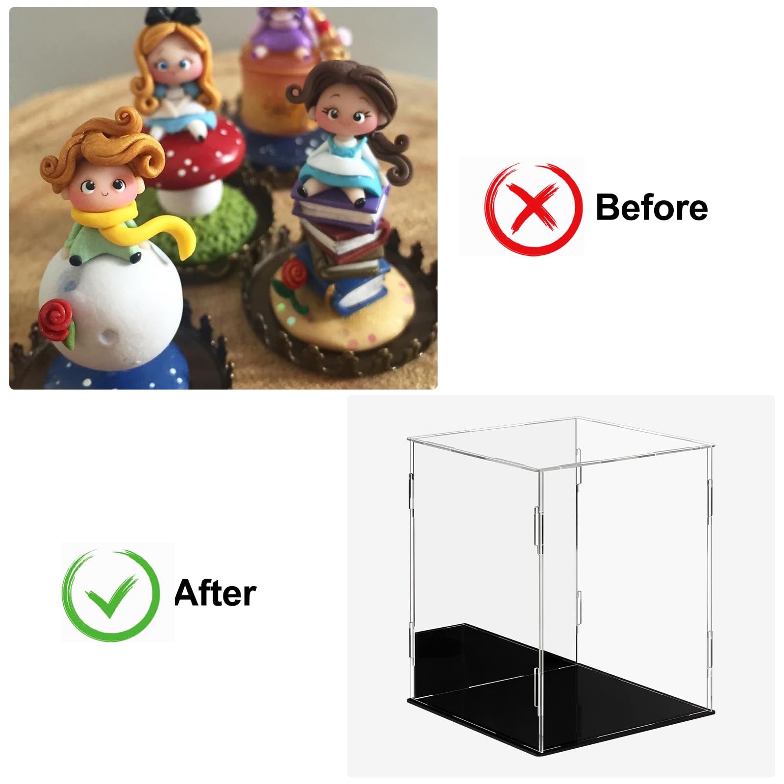 Lilezbox Transparante acryl vitrine met spiegel, kubusvormige staande organizer, stofvrije bescherming vitrine voor actiefiguren, speelgoed en verzamelobjecten (30 x 19,8 x 19,8 cm, zwart A9