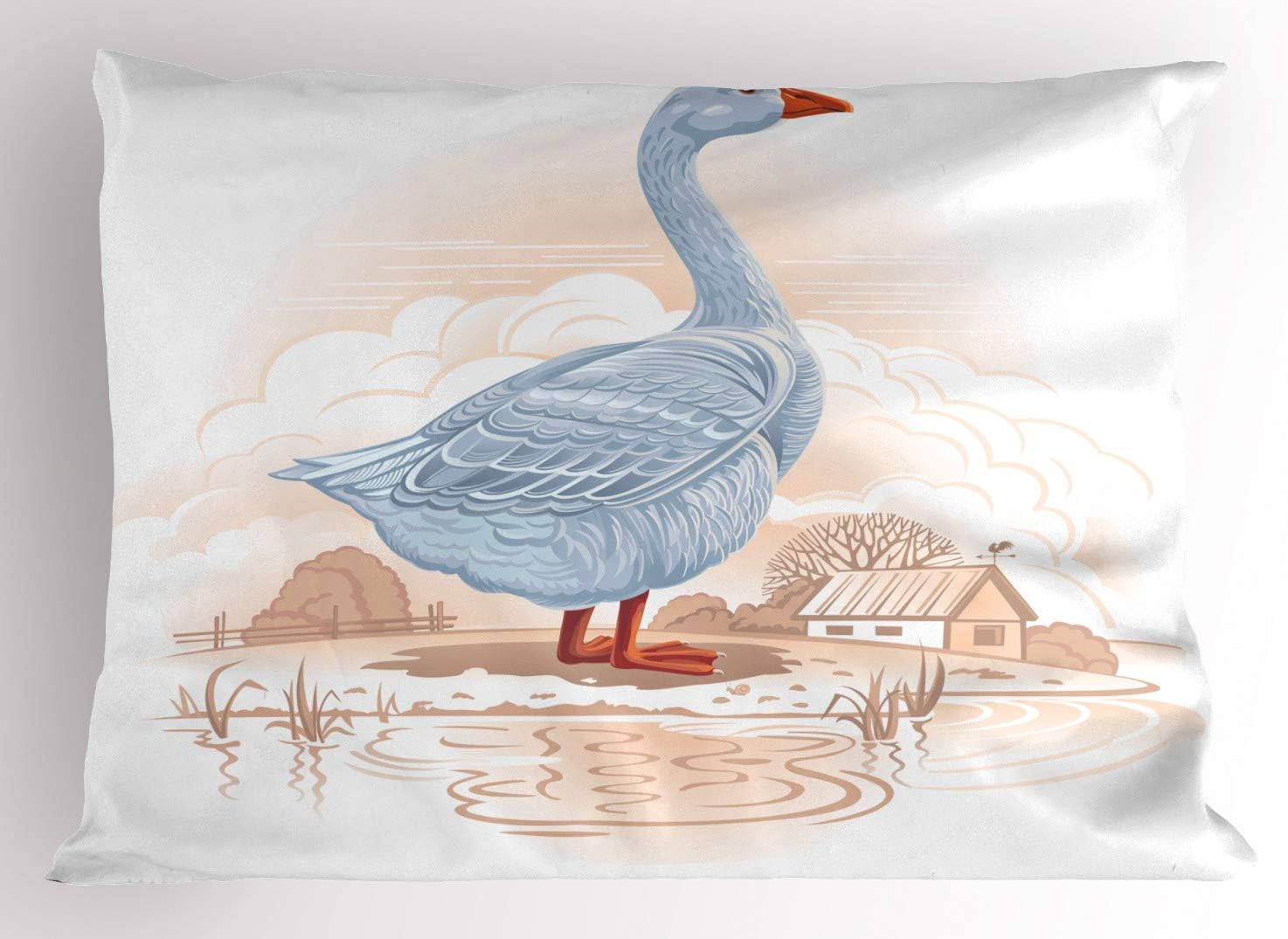 Lunarable Goose Pillow Sham Set of 2, Feathery Waterfowl Duck Bird Graphical Drawing Against Village Barn, Quality Microfiber Bedding Item for All Seasons, 26" x 20", Champagne and Pale Ceil Blue