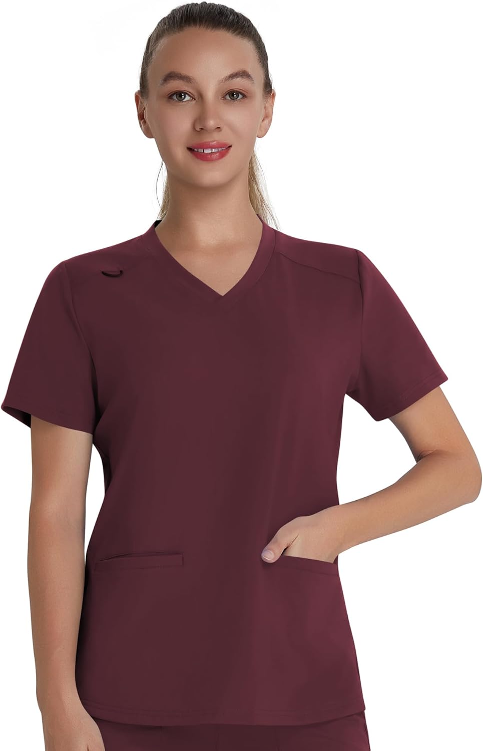 QBK Scrub Top for Women – Soft Stretch V-Neck Scrubs with 2 Inset Slip Pockets and a Curved Hemline, Easy Care