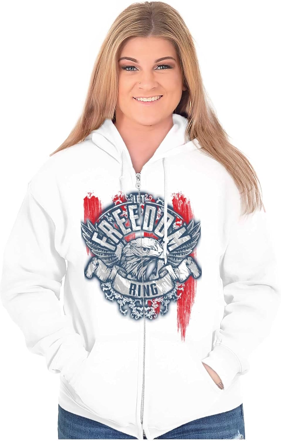 Brisco Brands Let Freedom Ring American Flag Eagle Zip Up Hoodie Mens Womens Medium White image 3 of 7 B09L5CDRT1