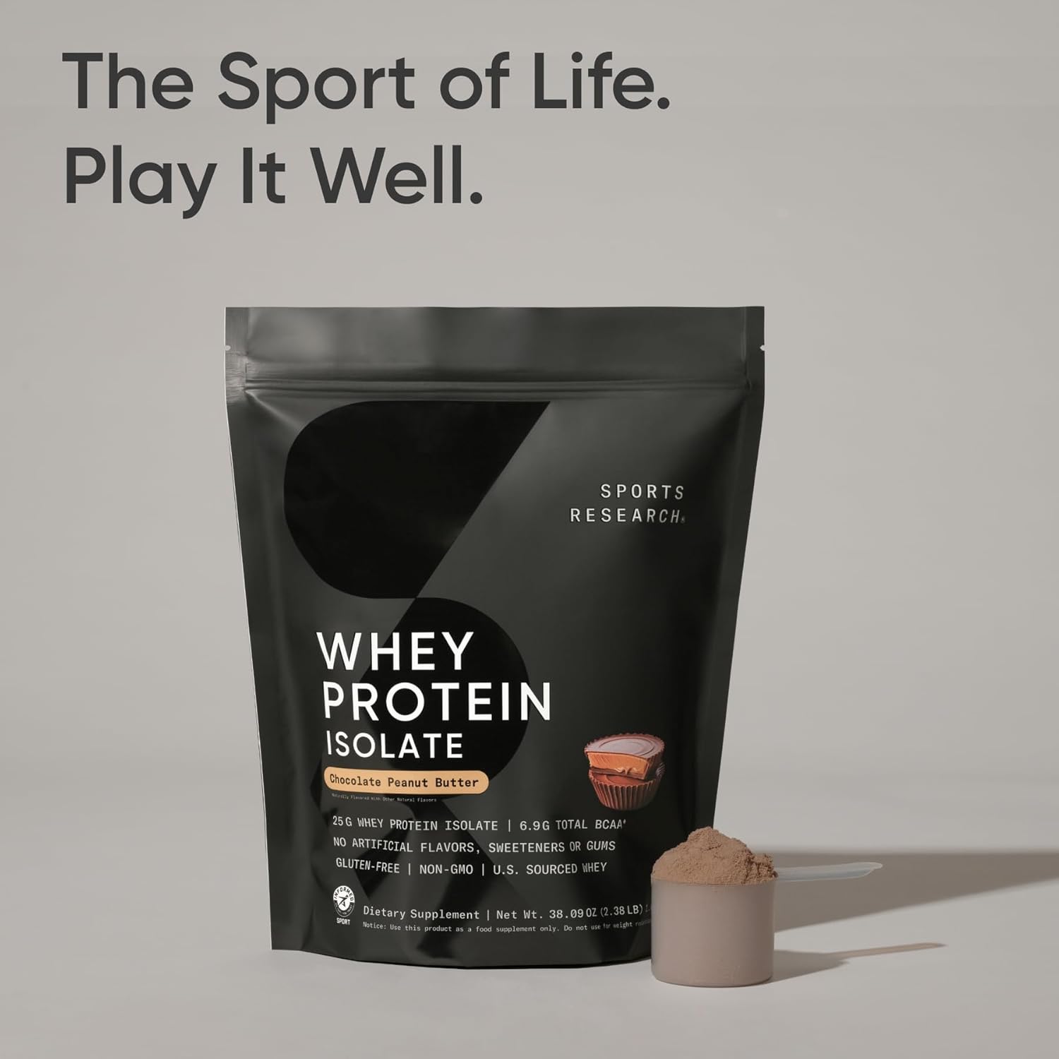 Sports Research® 100% Whey Protein Isolate Chocolate Peanut Butter - U.S. Sourced Protein Powder w/BCAAs -No Artificial Flavors or Gums- Informed Sport Tested · Gluten Free- 2lb Bulk Bag, 25 Servings