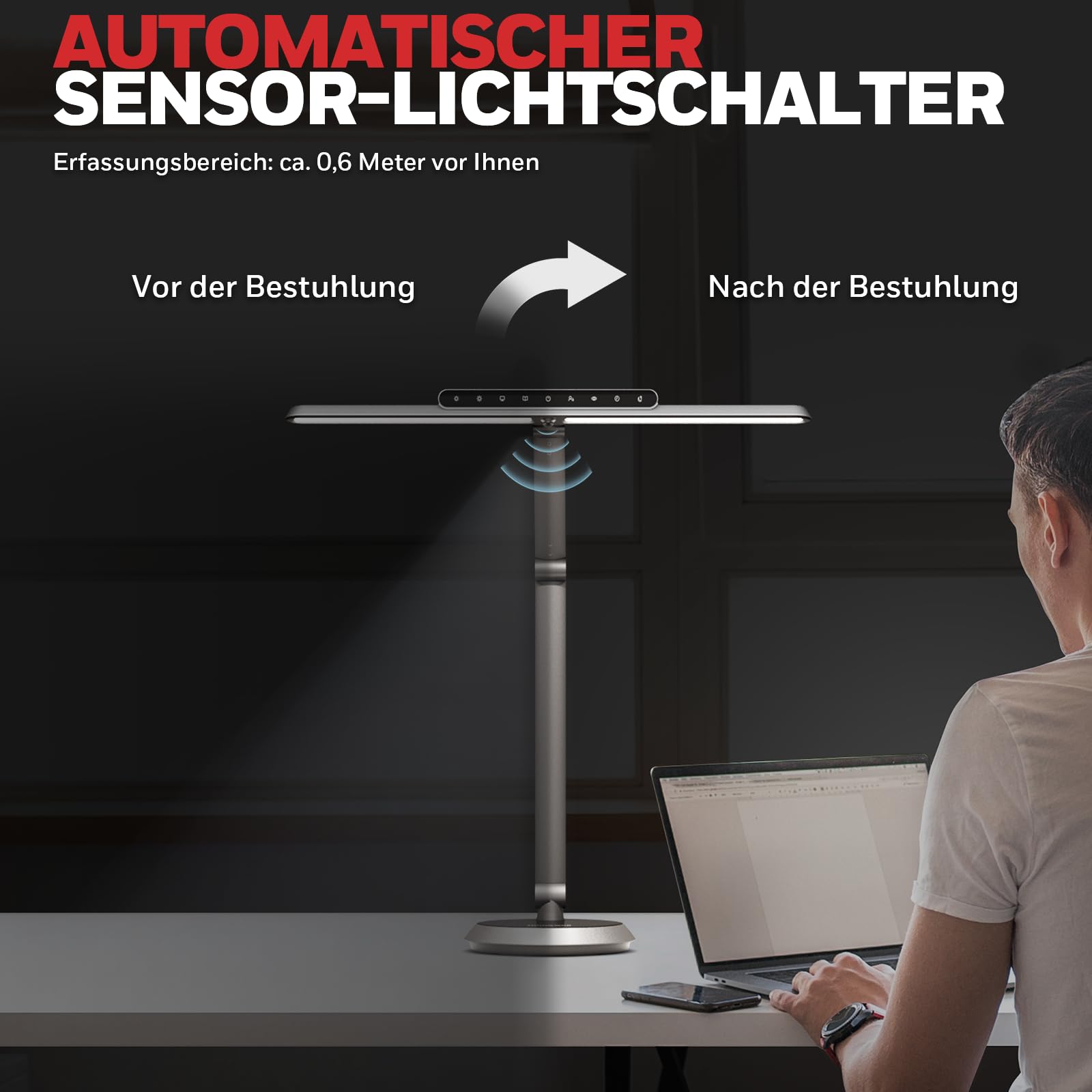 Honeywell LED-Tischleuchte H9 Sunturalux dimmbar mit Bewegungsmelder | 1000LM, CRI≥91, 2700K-5000K, augenschonend, RG0 geringes Blaulicht, stufenlose Dimmung, Leuchte für Schreibtisch