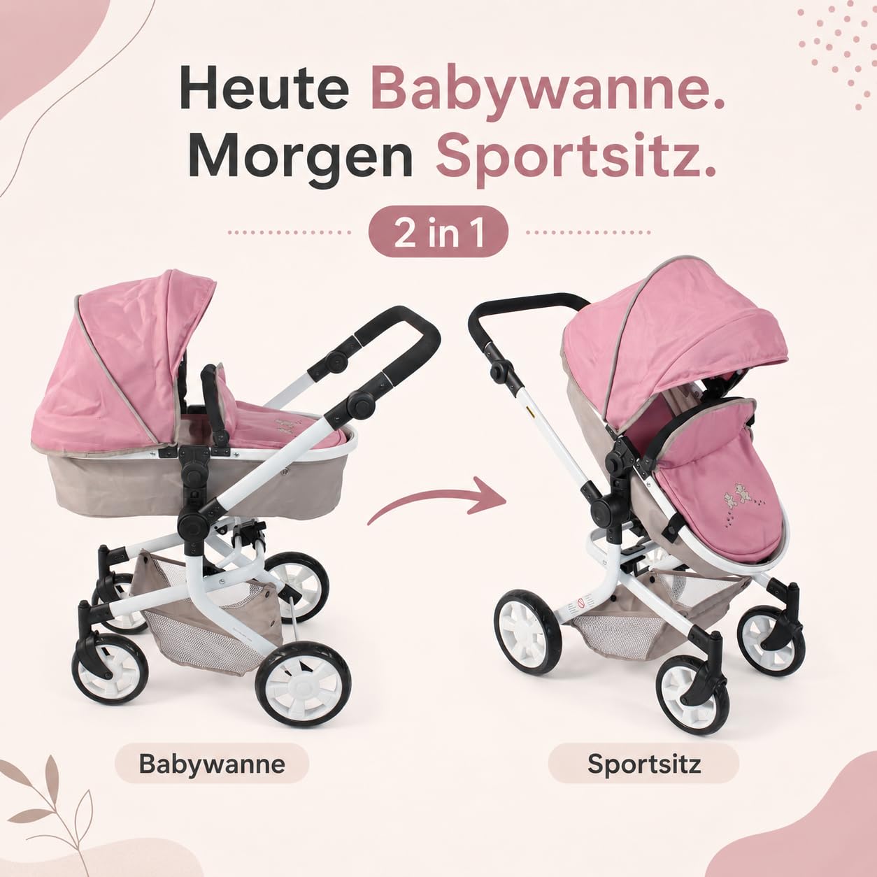 Bayer Chic 2000 Poussette poupée Mika 2 en 1 Pliable et réglable | Poussette poupée 2 en 1 pliable avec poignée réglable (47-80 cm), pour poupées jusqu'à 52 cm.