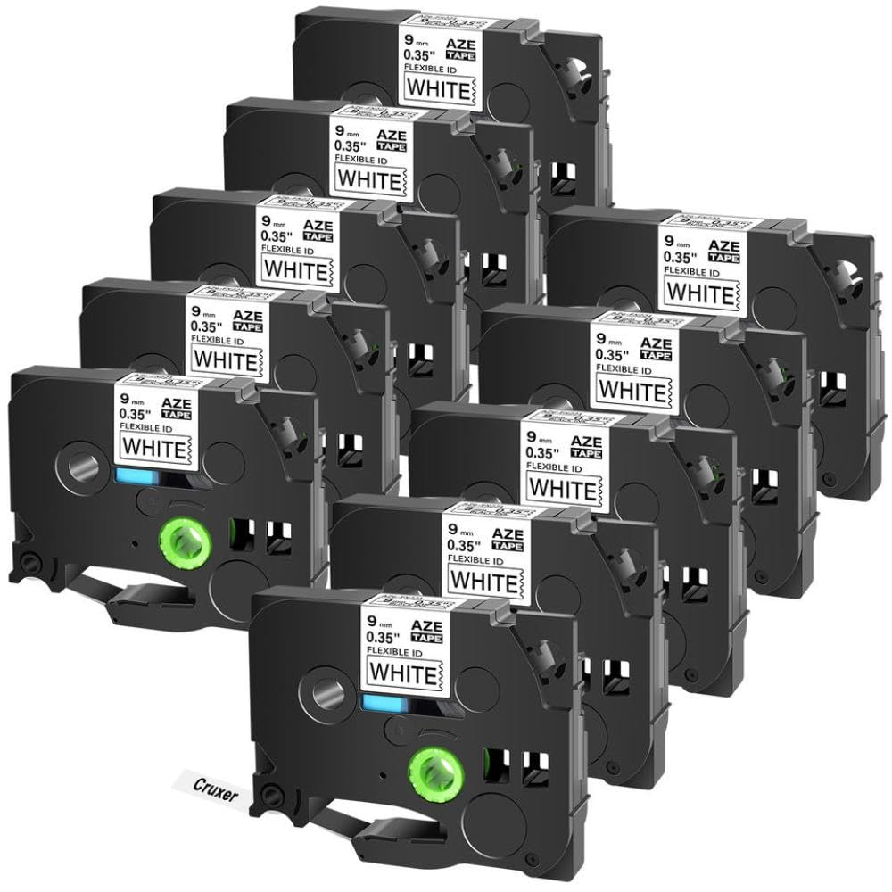 Confezione da 10 nastri per etichette laminati flessibili da 9 mm AZE FX221 TZe FX221 nero su bianco compatibile con stampante per etichette PT 1100