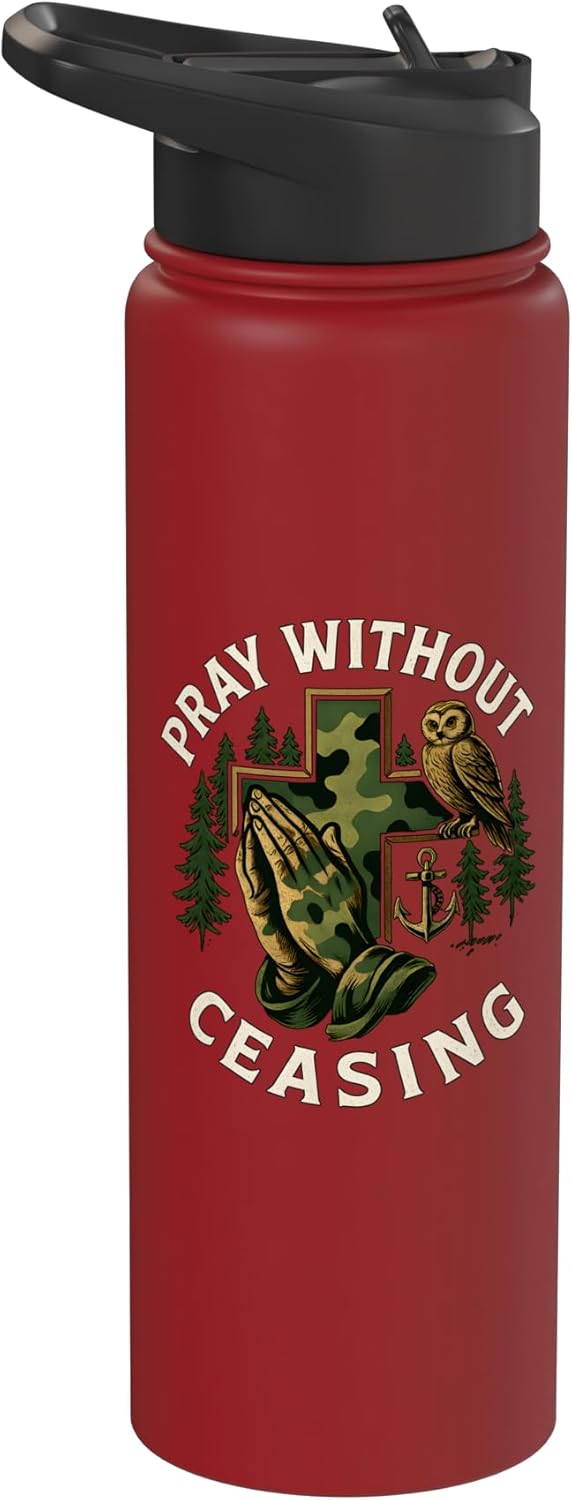 Pray Without Ceasing Christian Faith Camo Cross Owl Stainless Steel Insulated Water Bottle