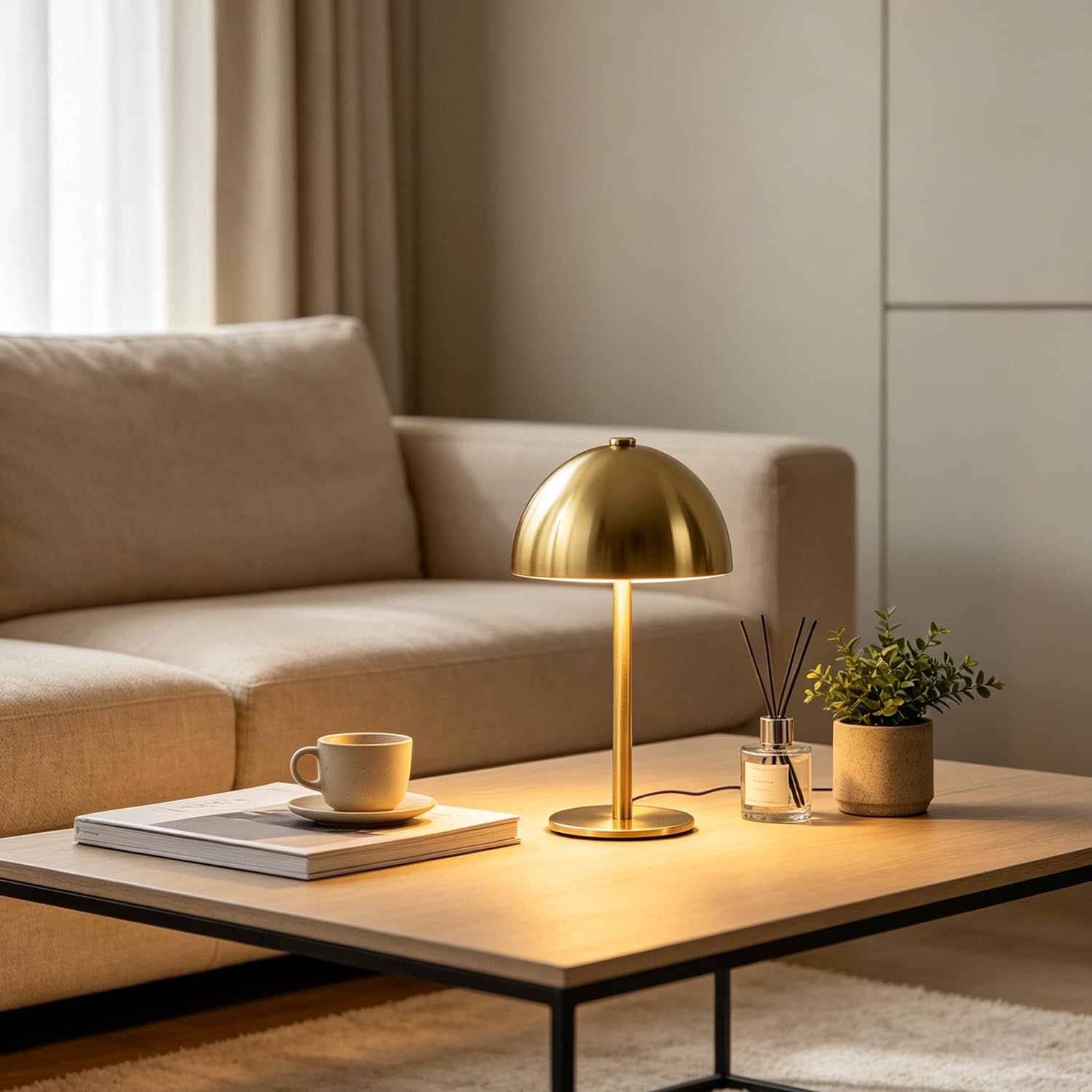 Lampada da tavolo a LED a forma di fungo in metallo senza fili dimmerabile con comando touch color oro ricaricabile tramite USB batteria da 1800mAh lampada da comodino senza cavi luce notturna,D'oro