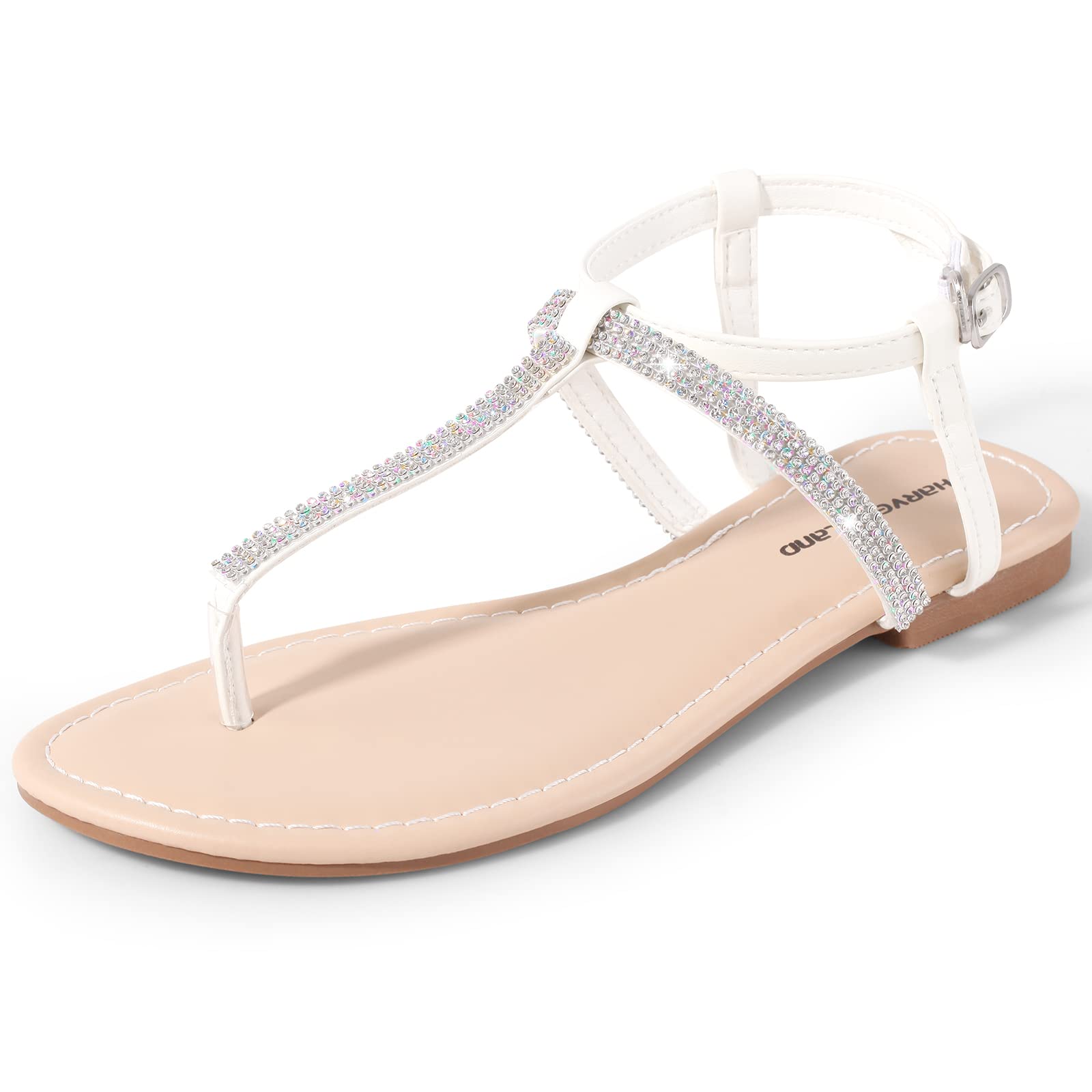 Harvest LandWomen's Sandals Dressy T Strap with Rhinestone Sparkly Wedding Flat Sandals Ankle Strap Summer Gladiator Fashion Shoes