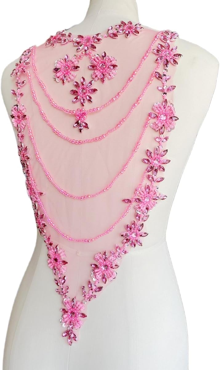 Handmade Rhinestone lace Applique Sewing Shining Beads Stones Trim Crystal Fringe Patches for Dress Clothes Back Accessories 10X21in (Pink)