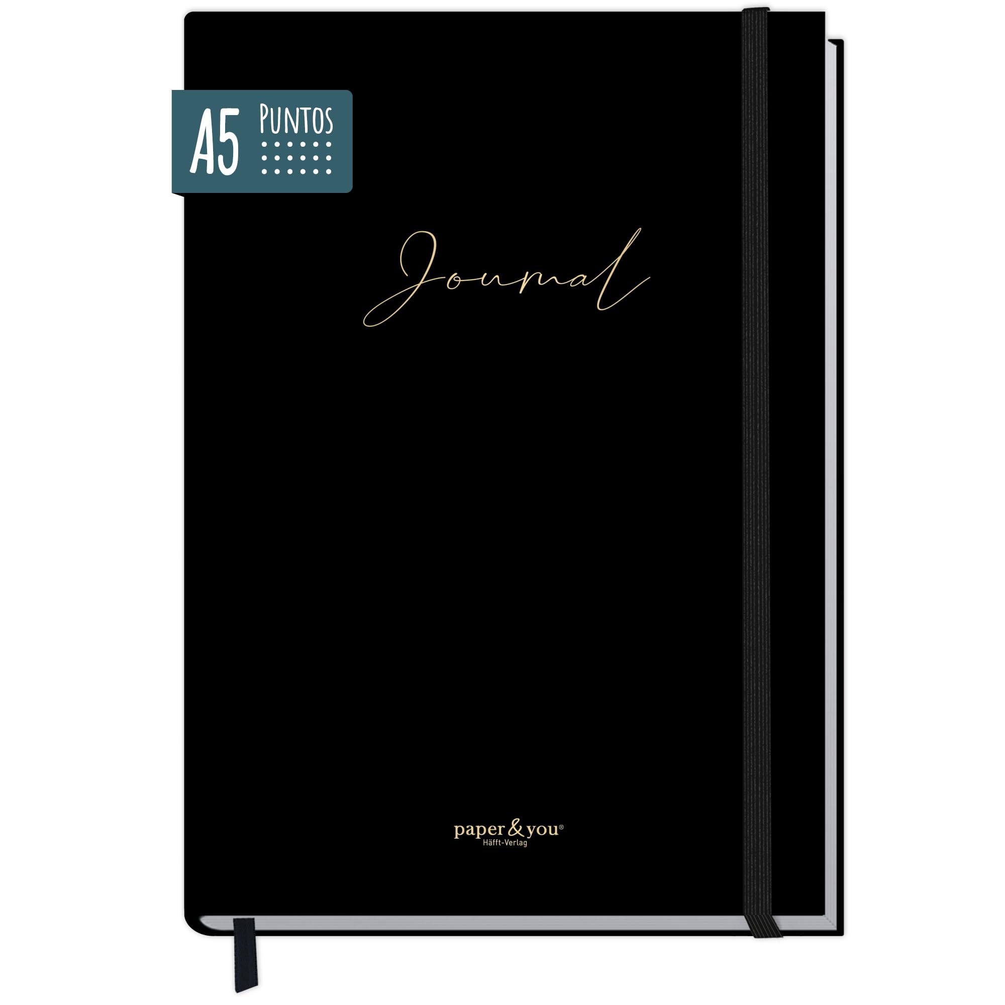 paper&you® Bullet Journal punteado A5 con banda elástica [Black Edition] 156 páginas | cuaderno punteado, diario | sostenible & climáticamente neutro