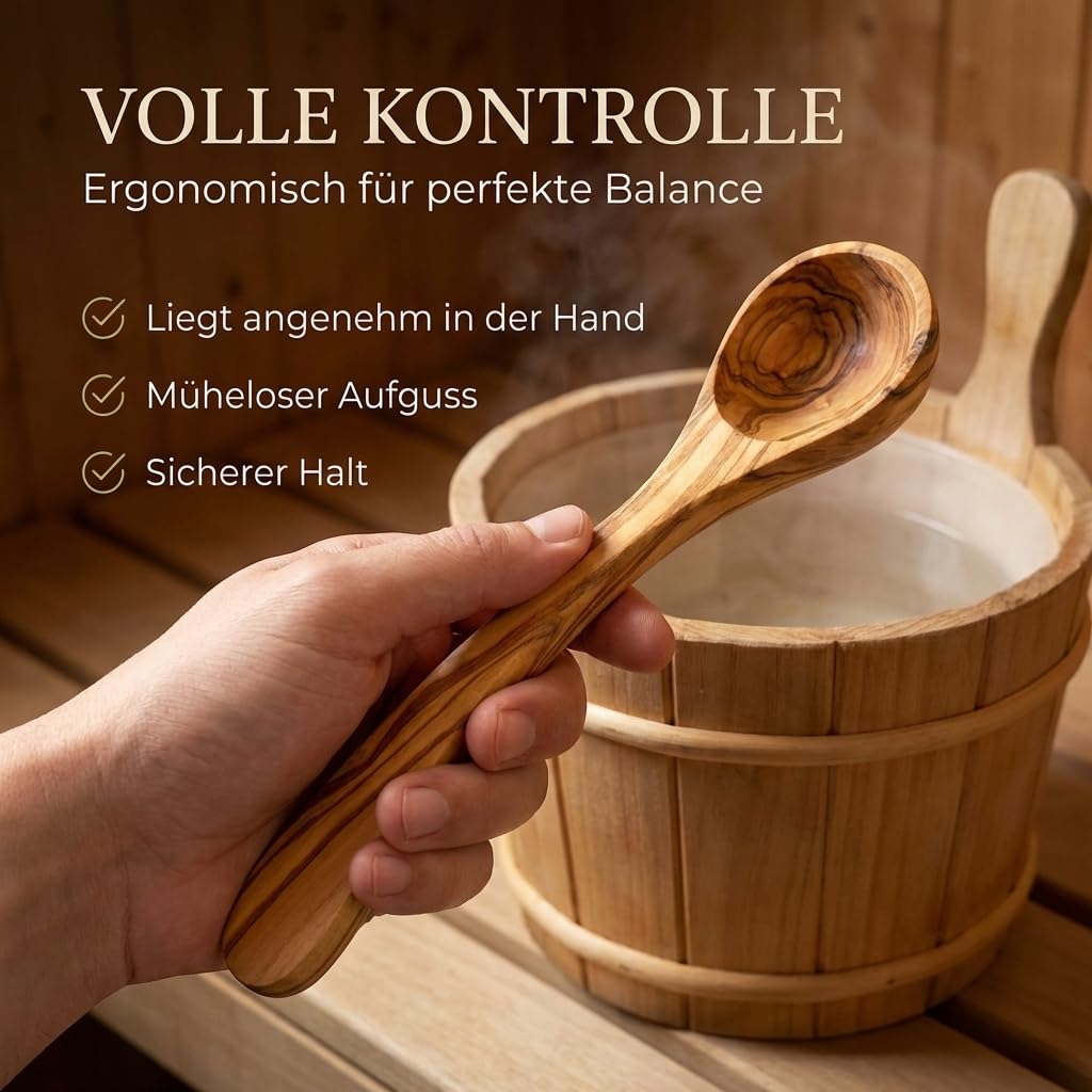 Saunakelle aus Olivenholz mit Gravur - Personalisierbare Aufgusskelle langlebig & hitzebeständig - Sauna Zubehör Saunalöffel Geschenkidee (Mit Gravur, 30 cm)