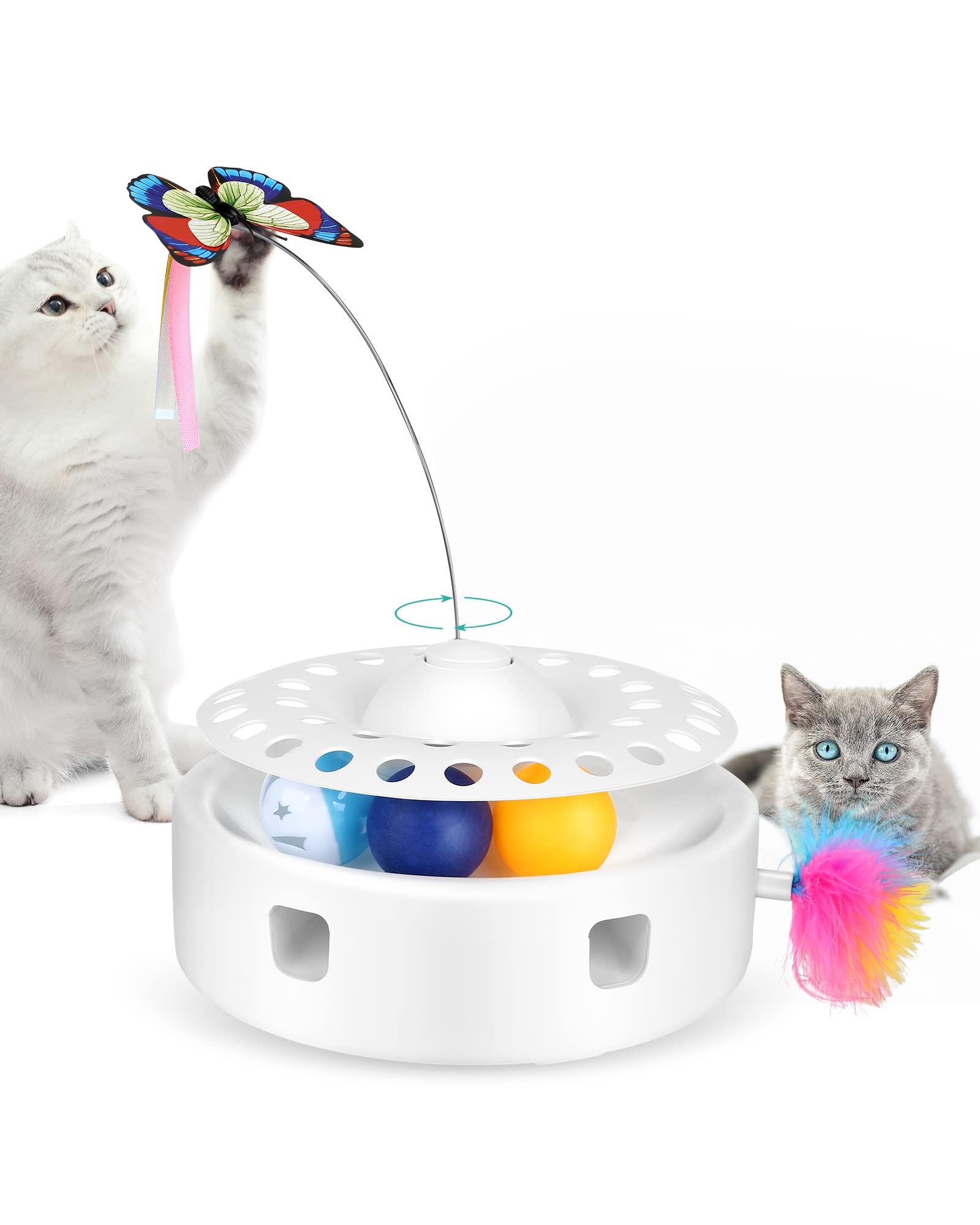 PETTOM Juguetes para Gatos Interactivo 3 en 1 Pluma Juguete Detección Automático, Juguete para Gato Gatito Interactivos Juego, con Bola y Plumas en Movimiento para Ejercicio Caza Interior