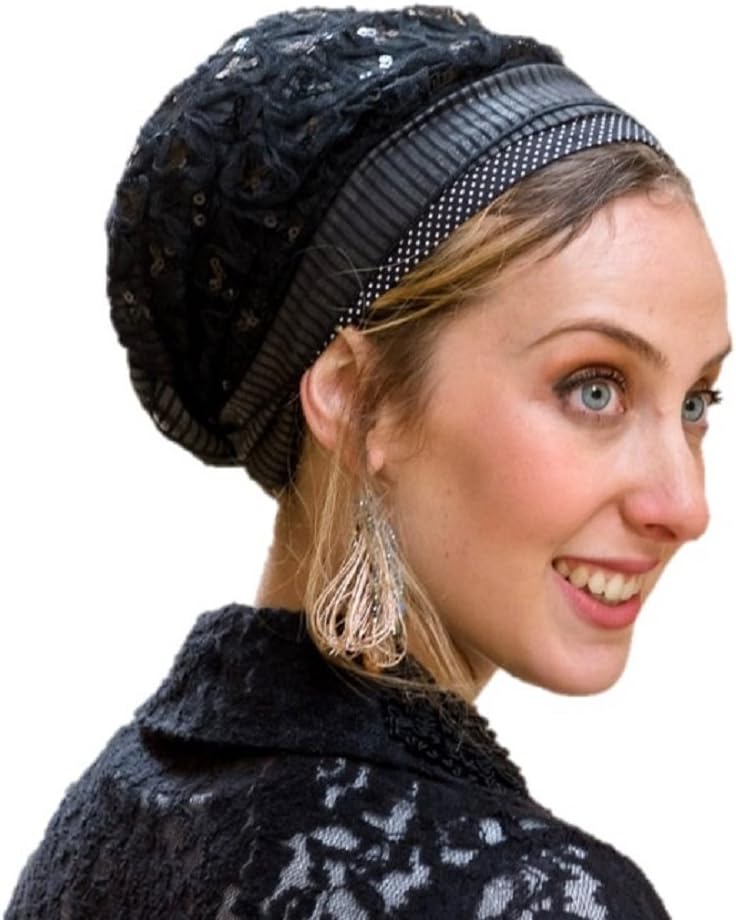 SINAR Tichel Headscarf Full Hair Covering Chemo Hat head scarf One Size Midnight Sparkling Black