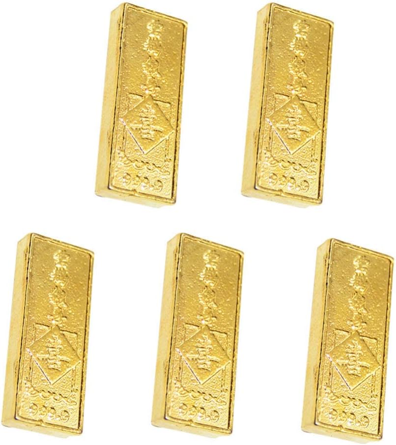 NUOBESTY 5pcs Fake Gold Bar Realistic Replica Gold Brick Bullion Movie Prop Feng Shui Wealth Ornament Alloy Metal Paperweight Novelty Gift Joke