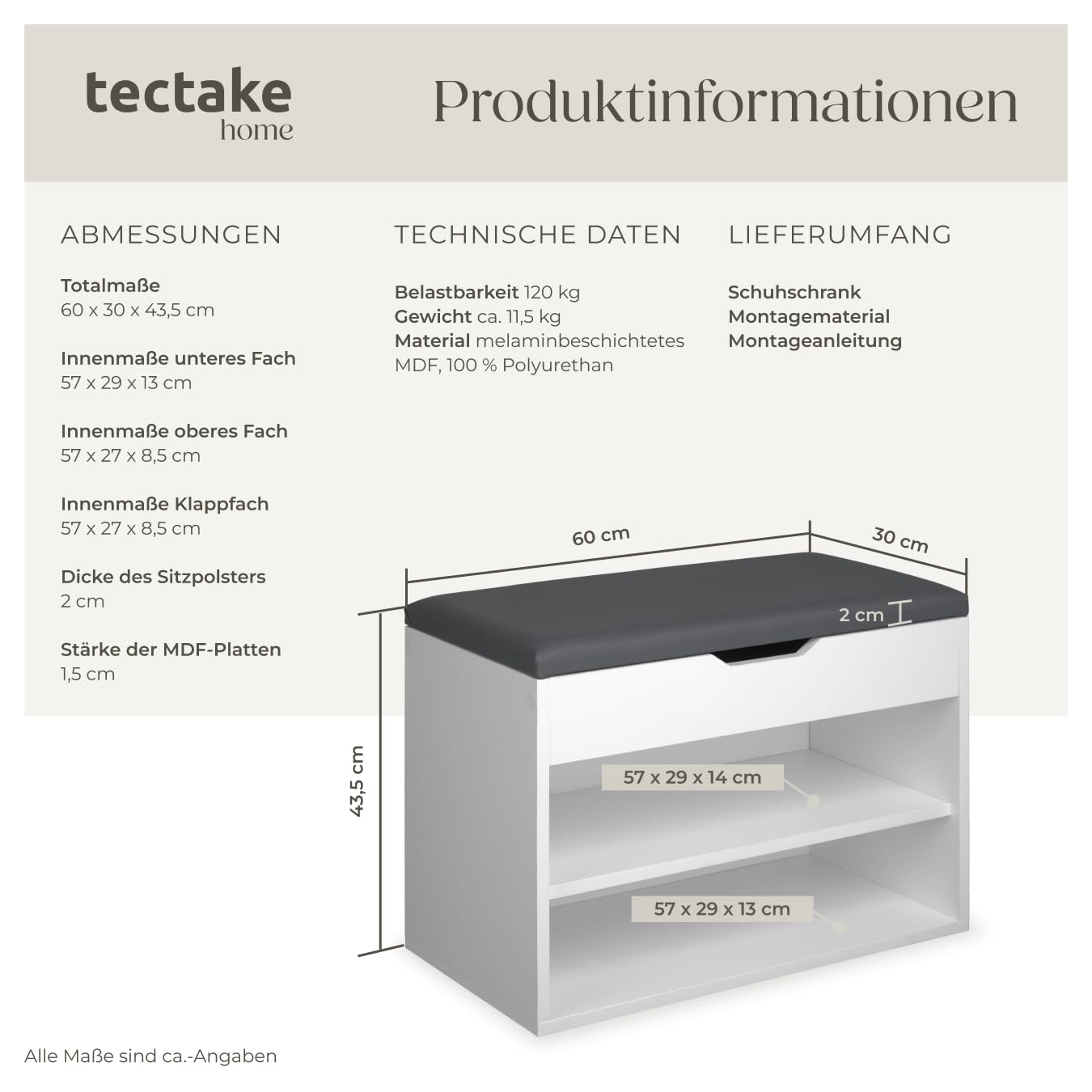 tectake® Schuhschrank mit Sitzbank, Schuhregal, Sitzbank mit Stauraum, Garderobe, Garderobenschrank, Schuhbank mit Sitzfläche, Sitzkissen Bank, Kommode Flur