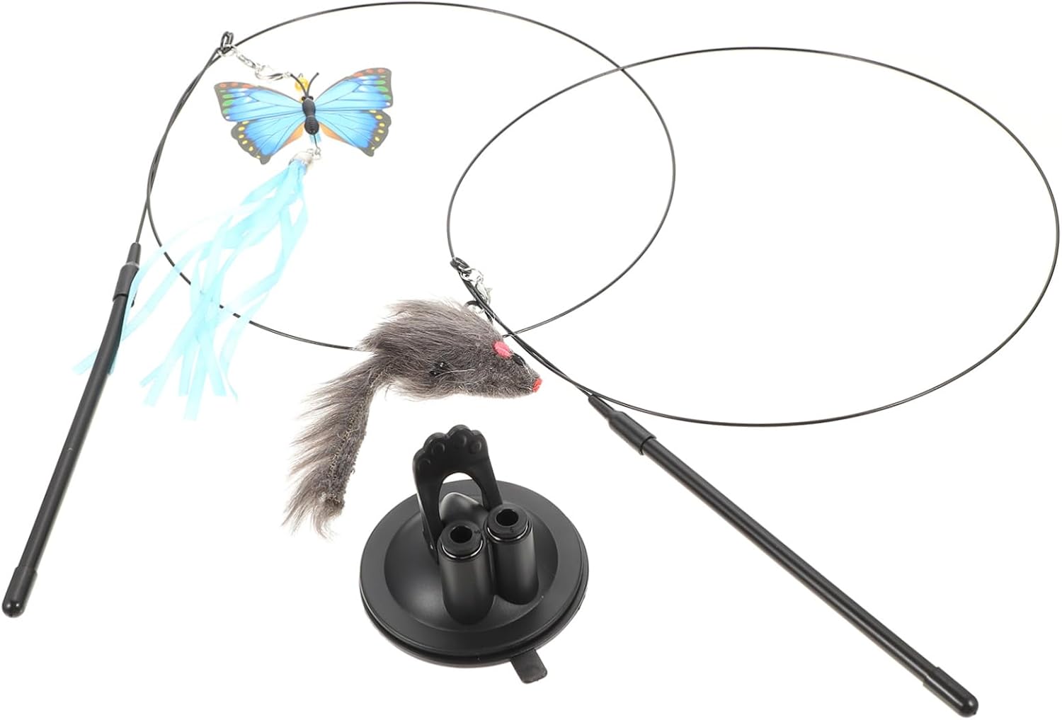GALPADA Handheld Double Head Cat Teaser with Suction Cup for Interactive Kitten with Blue Butterfly Gray Mouse Pendants Indoor Exercise and Stress Relief