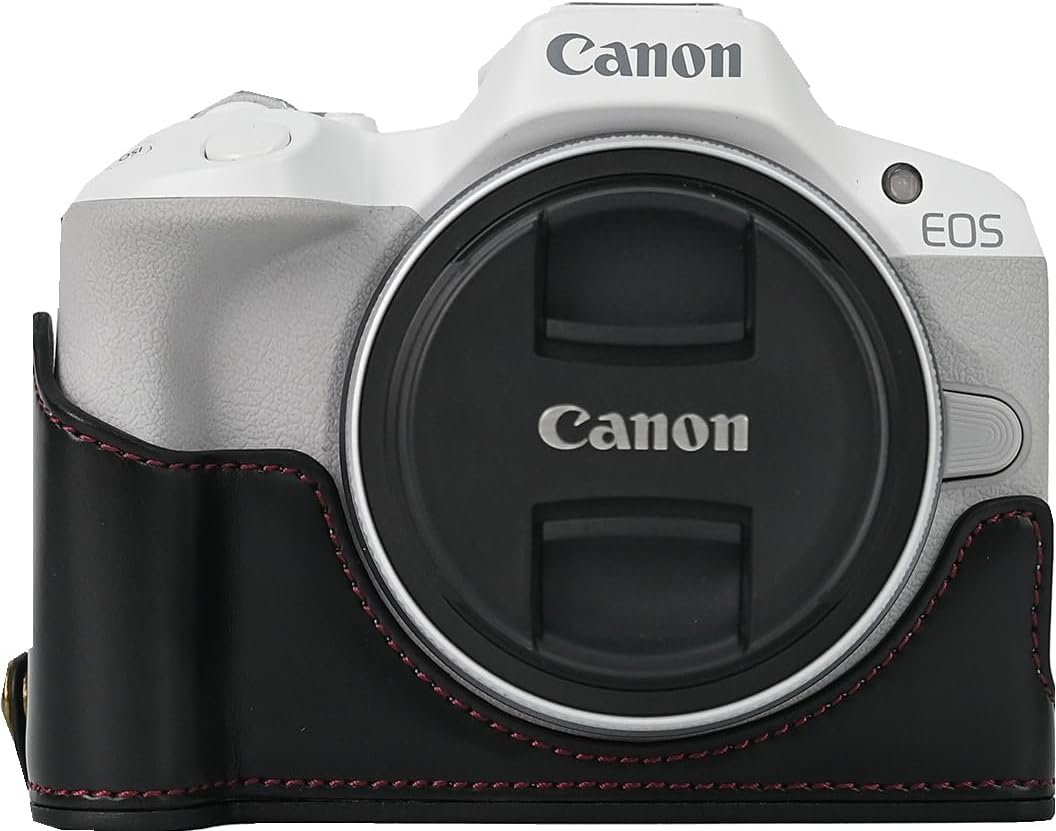 R50 Case, BMAOLLONGB Handmade PU Leather Half Camera Case Bag Cover Bottom Opening Version for Canon Eos R50 with Hand Strap (Coffee)