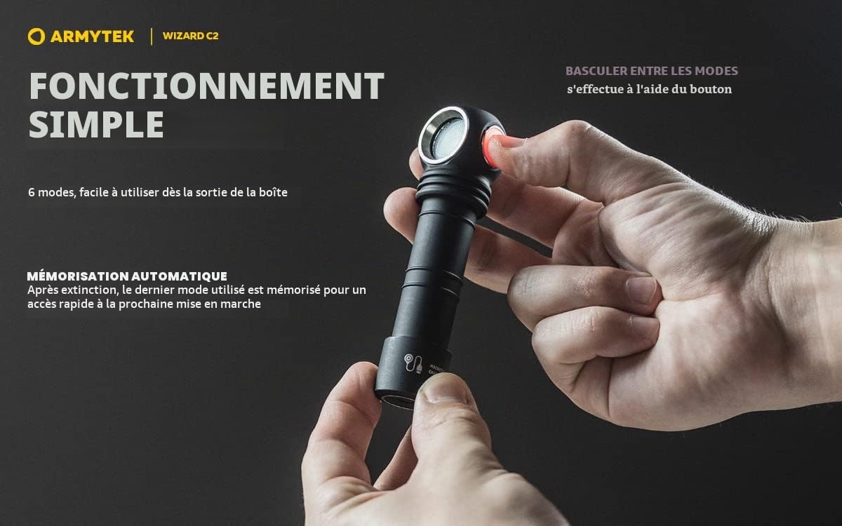 Armytek Nouveau Lampe frontale Wizard C2 v4 Blanc froid 1200 lumens LED lampe de poche magnétique USB rechargeable