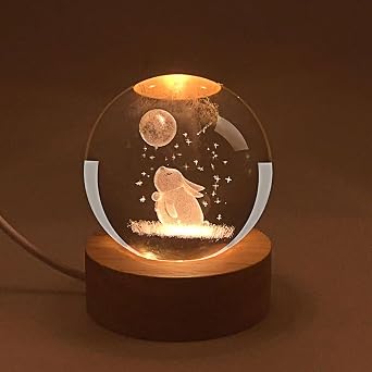 3D Moon Rabbit Crystal Ball Plug in Night Light,60mm Animal Glass Ball Lamps with Control LED Wooden Base,3D Engraved Crystal Ball Lamps Ornament Home Decor, Gift for Christmas Kids Friends Family [Energy Class A++]