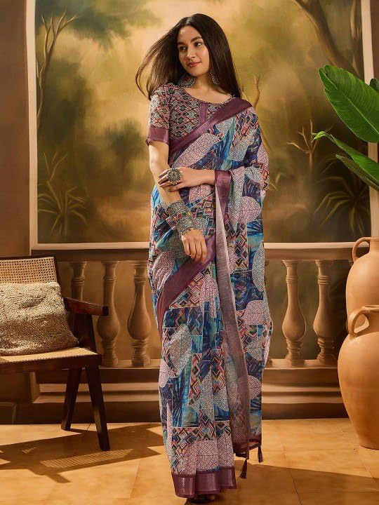 Women's Purple Cotton Geometric Print Saree, Multicolor, Casual and Festive Wear, with Blouse Piece