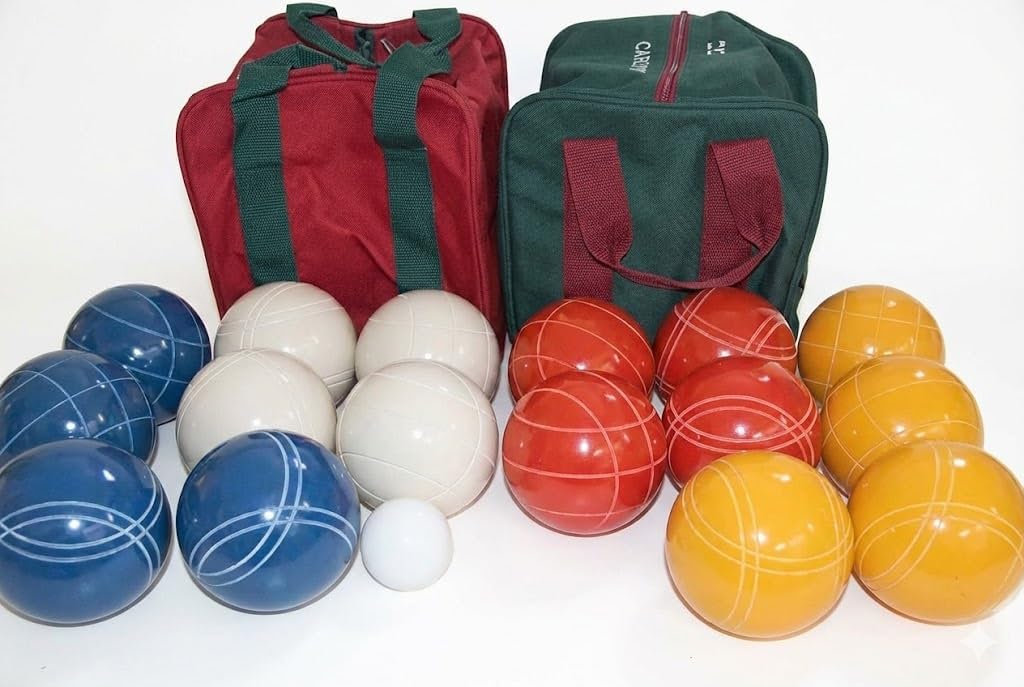 BuyBocceBalls Unique Double Set - Premium Quality and Made in USA, Tournament 110mm EPCO Bocce Sets, 998 Grams (2 lbs. 3.2 oz.) - Rustic Red/Green/Yellow/Orange Balls with Maroon/Green Bags