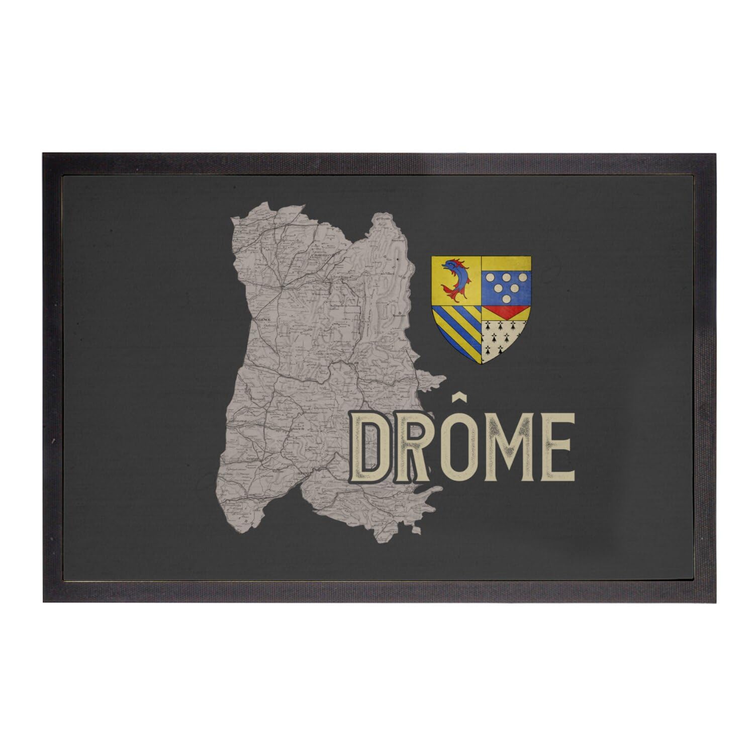 Paillasson noir Drôme 26 carte de Valence et Rhône-Alpes 60x40cm
