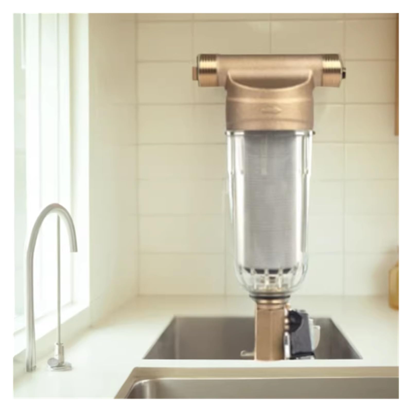 Filtro acqua pre-sedimenti Spindown riutilizzabile for tutta la casa 4000 l/h, 60 micron, prefiltro, 3/4" FNPT+1" MNPT, Ottone nel sapore dell'acqua. Installazione semplice