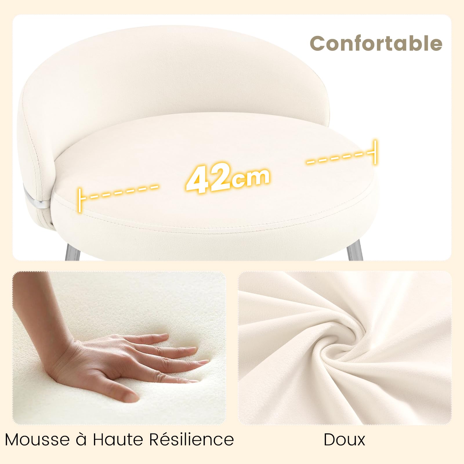 Hellove Tabouret Coiffeuse Samt Rond avec Pieds en Métal Argenté, Chaise Coiffeuse Moderne Vanity Stool avec Dossier Courbé et Assise Rembourrée pour Chambre, Salon, Charge 150kg, Beige