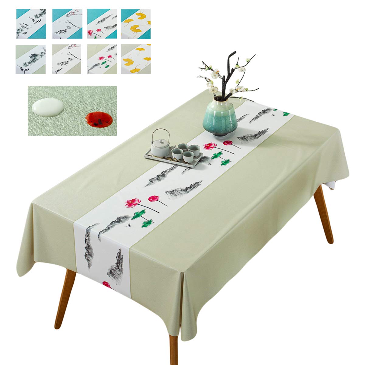 Nappe rectangulaire PVC motif lotus beige pour repas de Noël et fêtes