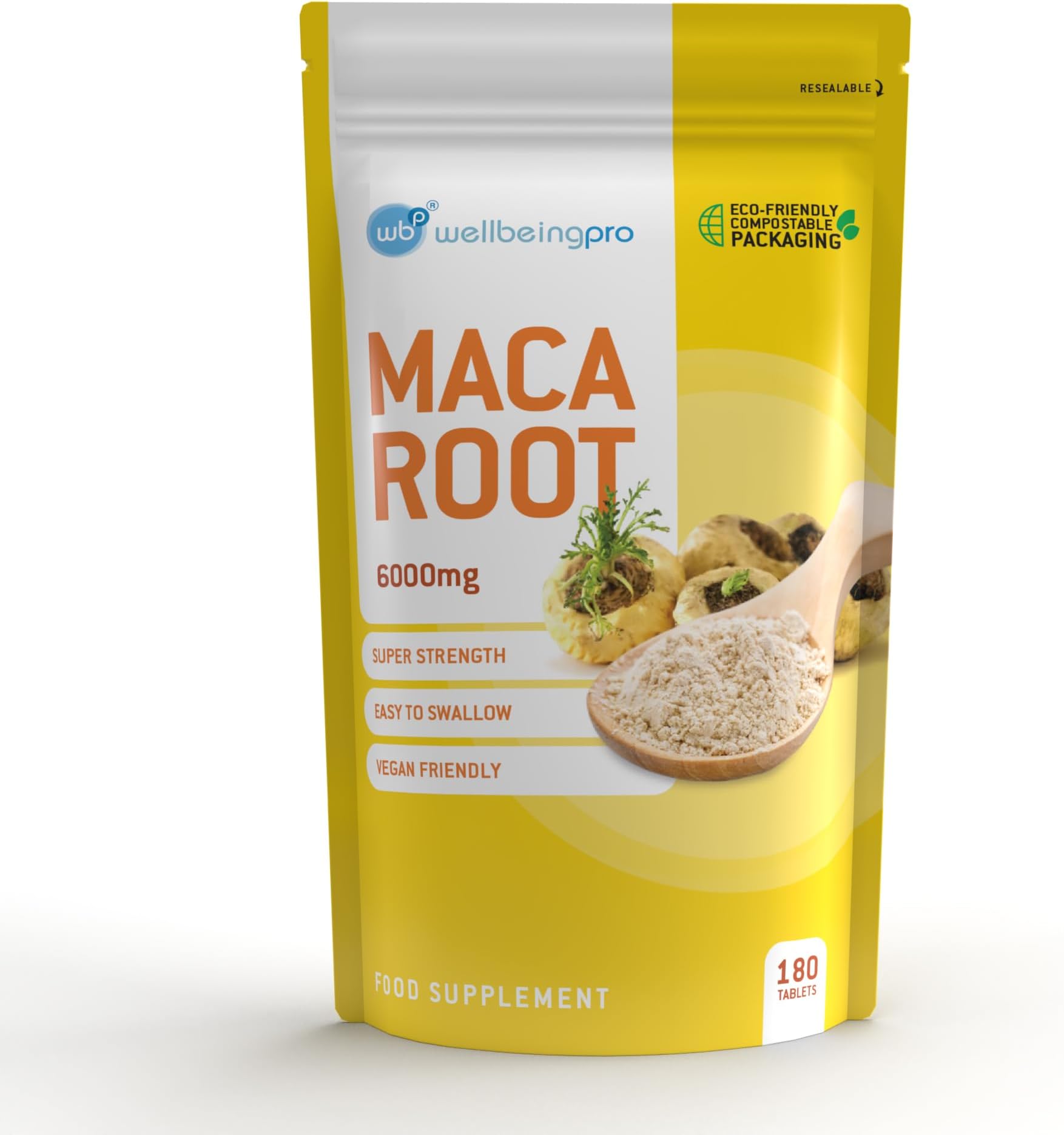 Maca Root 6000mg Tablets (6 Month Supply) - Super Strength Vegan Extract - Eco & Letterbox-Friendly Compostable Packaging - Premium Quality GMP Certified Peruvian Maca Made in the UK - 180 Tablets