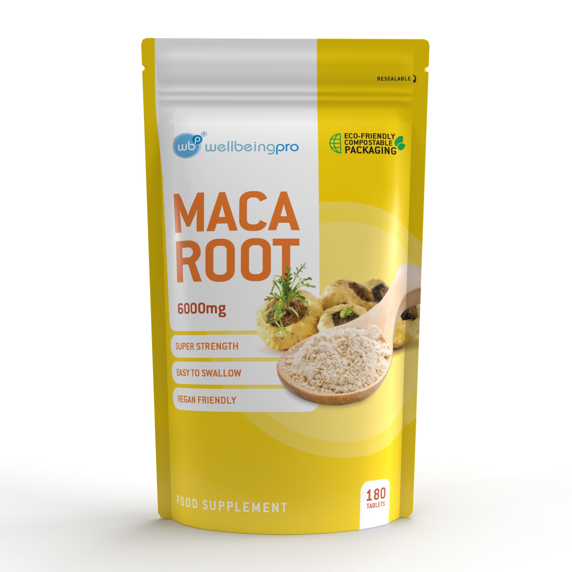 WBP Maca Root 6000mg Tablets (6 Month Supply) - Super Strength Vegan Extract - Eco & Letterbox-Friendly Compostable Packaging - Premium Quality GMP Certified Peruvian Maca Made in the UK - 180 Tablets