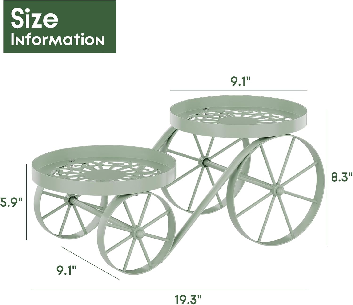 2-Tier Plant Stand indoor outdoor , Multi-Use Display Rack,Anti-Rust Iron Flower Pot Holder with Decorative wagon wheels Home Decor (Mint Green)