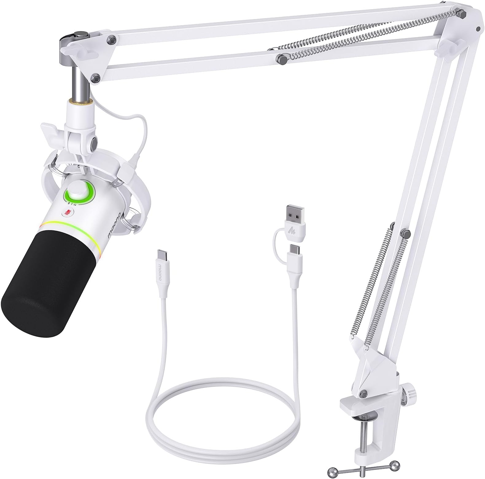 MAONO XLR/USB Dynamic Microphone Kit RGB Podcast Microphone with Software Mute Gain Knob Volume Control Boom Arm for Streaming Gaming Voice Over Recording - PD200XS White