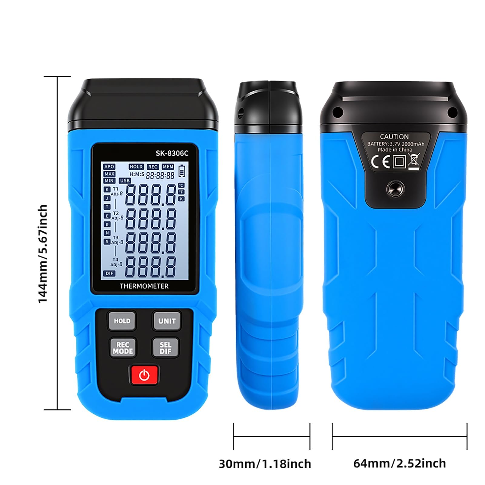 Elprico Thermomètre à Thermocouple Numérique, Enregistreur de Données de Compteur de Température de Type K J à 4 Canaux avec Stockage Bluetooth USB 5999, pour Industriel (SK-8306C Quad-Canal)