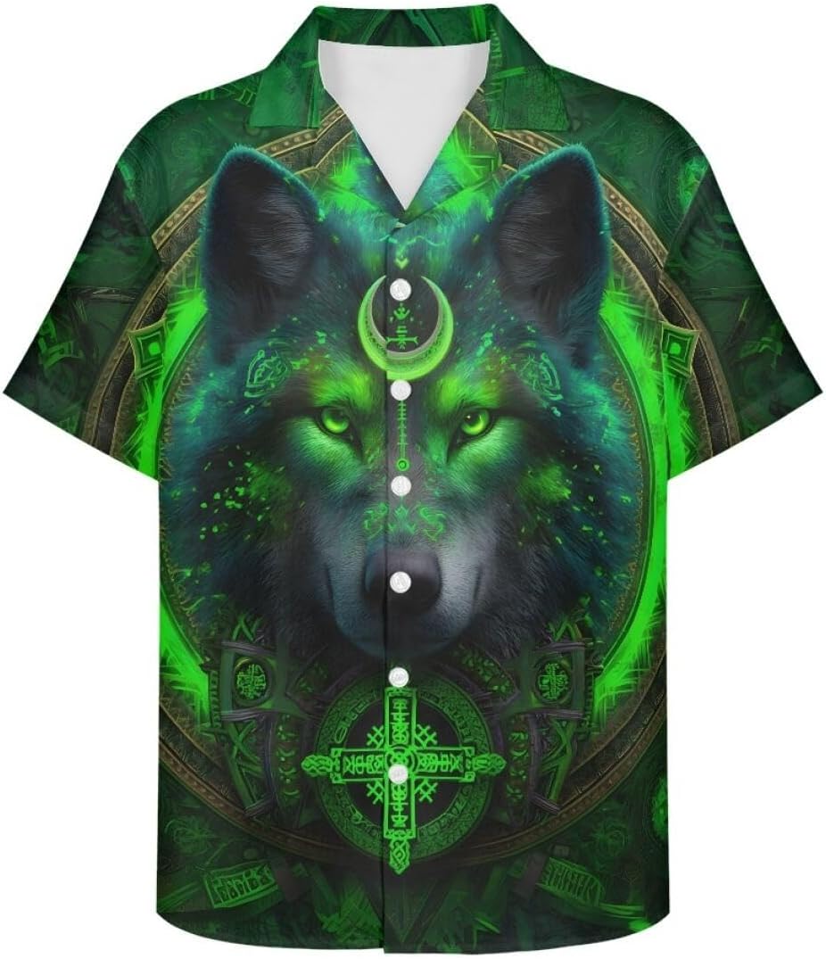 ENLACHIC Men's Viking Totem 3D Print Summer Short Sleeve Button Down Hawaiian Shirts