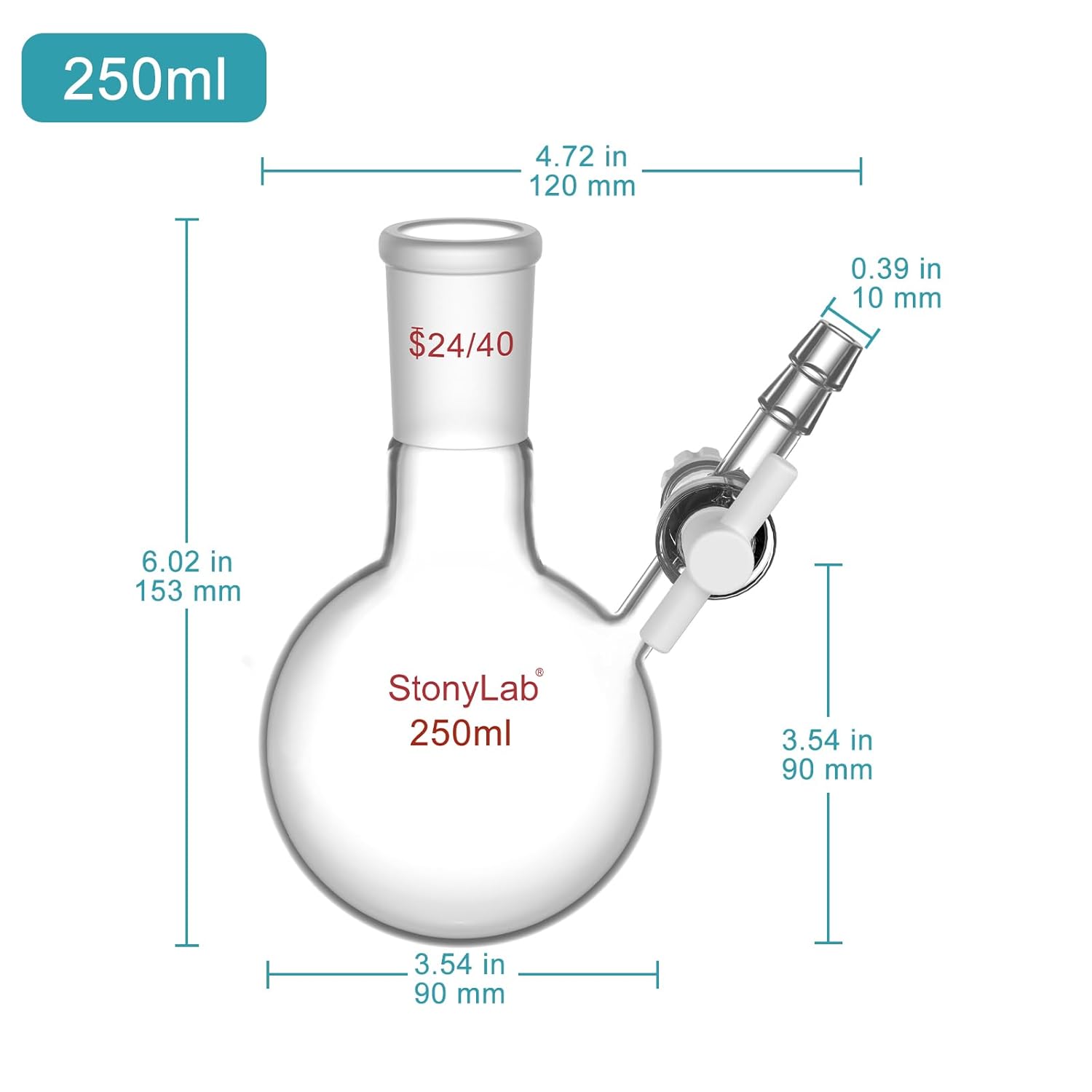 stonylab Reaction Flask, Borosilicate Glass Single-Neck Round Bottom Flask with 24/40 Joint and PTFE Stopcock Valve, 250 ml
