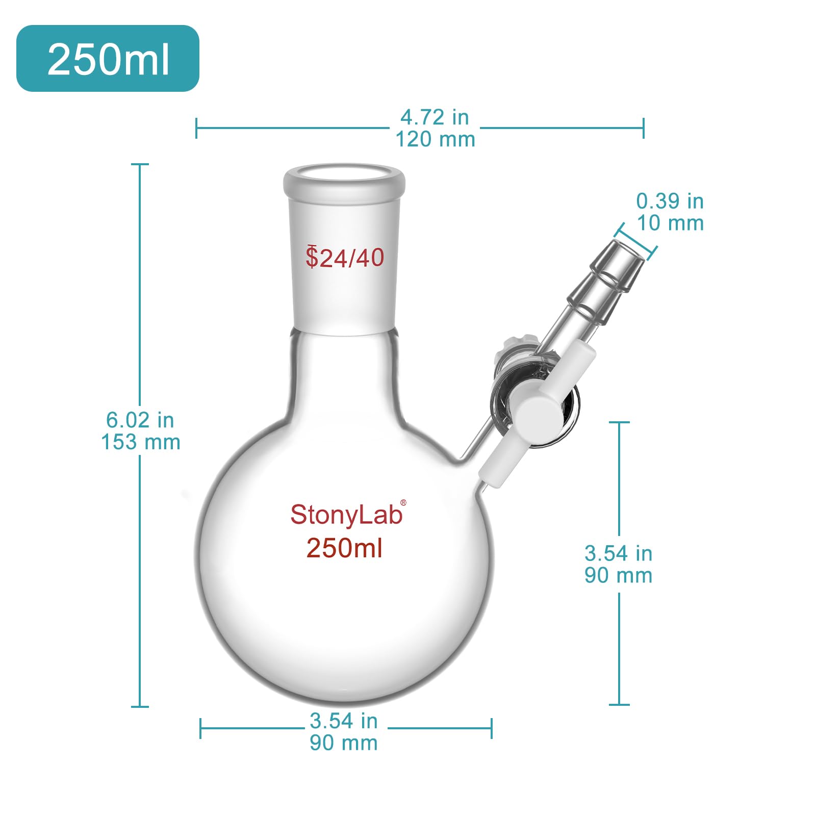 stonylab Matraz de Reacción, Matraz de Reacción de Vidrio de Borosilicato de Cuello único con Junta 24/40 y Válvula de Llave de paso de PTFE, Matraz de Fondo Redondo de 250 ml