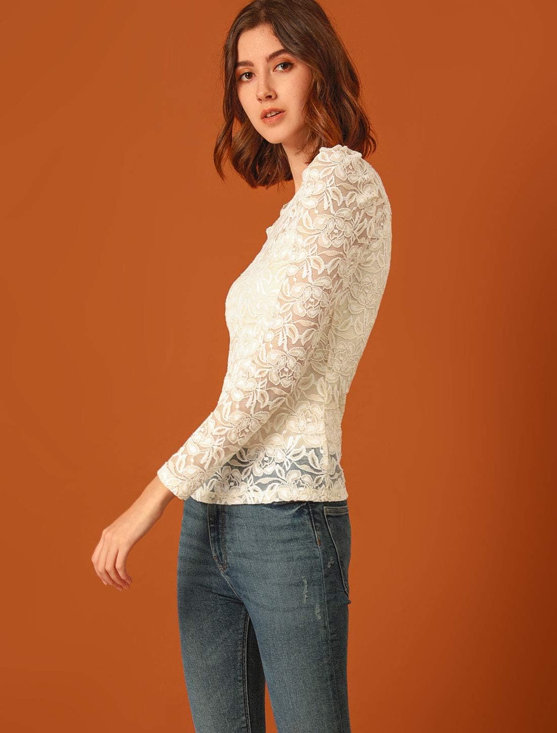 Allegra K Women's Long Sleeve Lace Top Mesh Sheer Fitted Elegant Blouse - Image 4