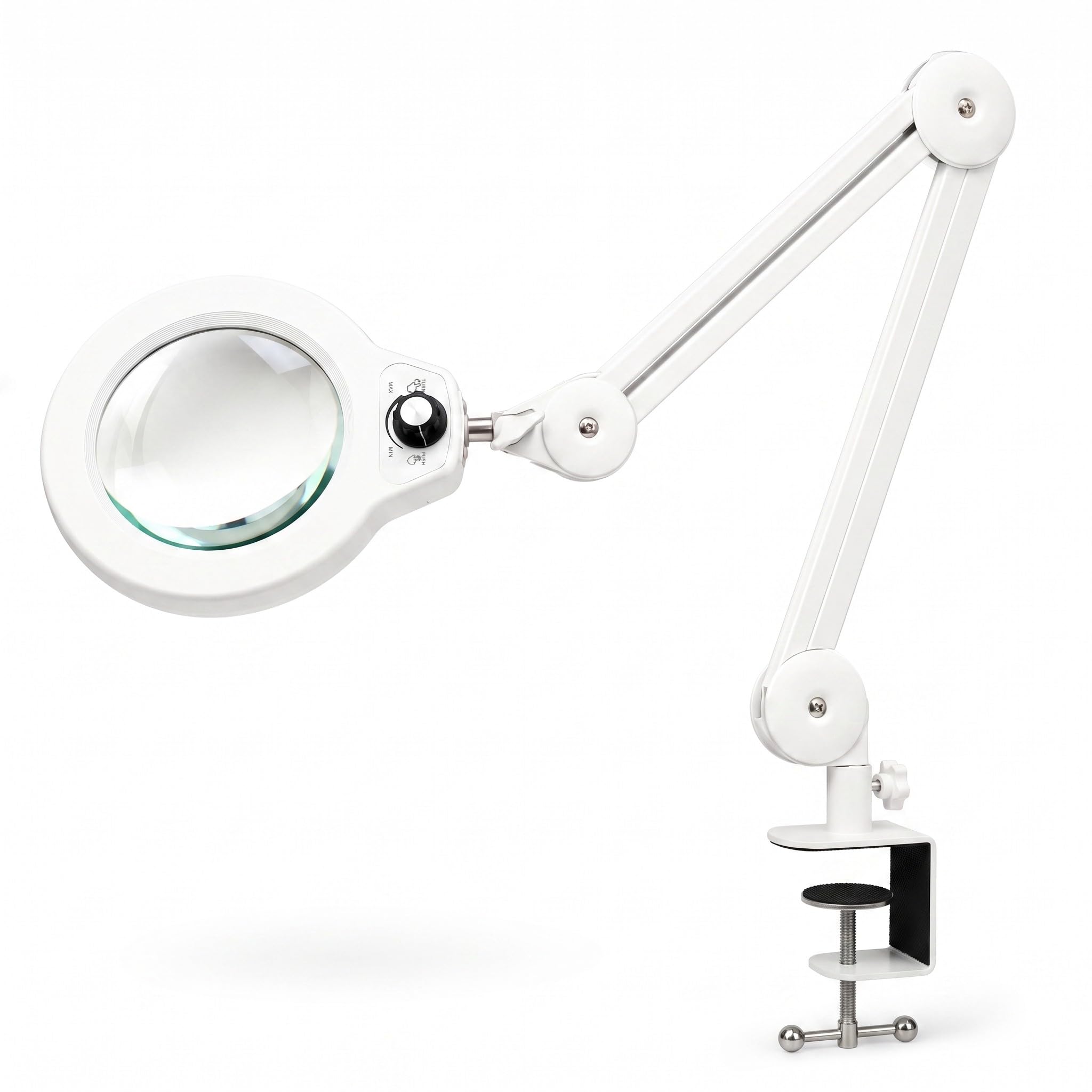 Lámpara Lupa LED de 125mm con Brazo de Muelles Internos, Blanco | Lente de 5 Dioptrías, Diseño Minimalista, Abrazadera de 6,4 cm, Luz Regulable, Ideal para Trabajos de Precisión