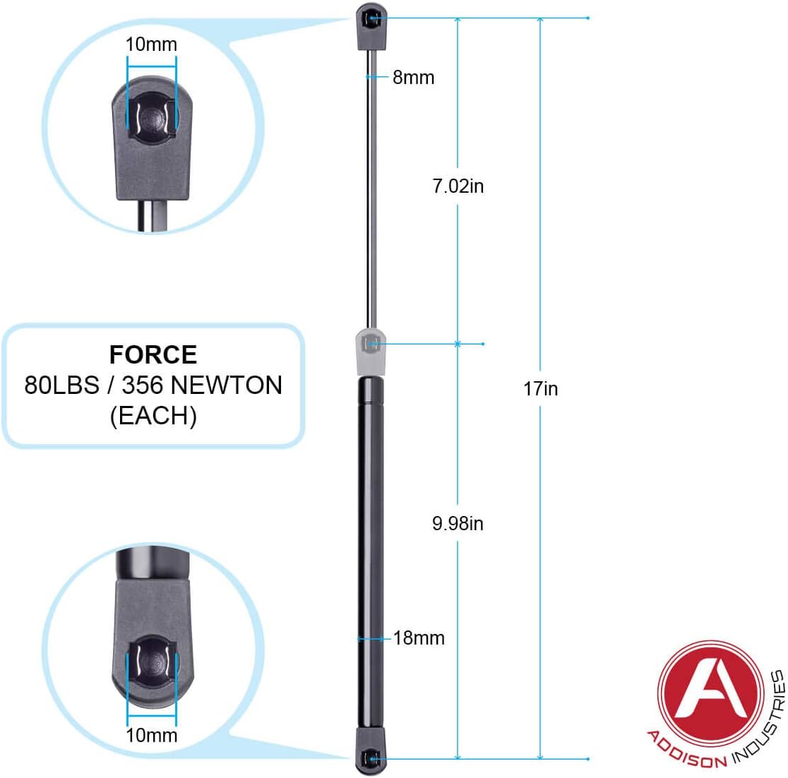 Addison Industries Heavy Duty 17 Inch (17"), 80 LBS (356 Newton) Force Each, Set of 4, Gas Strut Gas Spring Lift Support, Featuring Extra Wide 18 mm Tube / 8 mm Rod, Ideal for RV Motorhome
