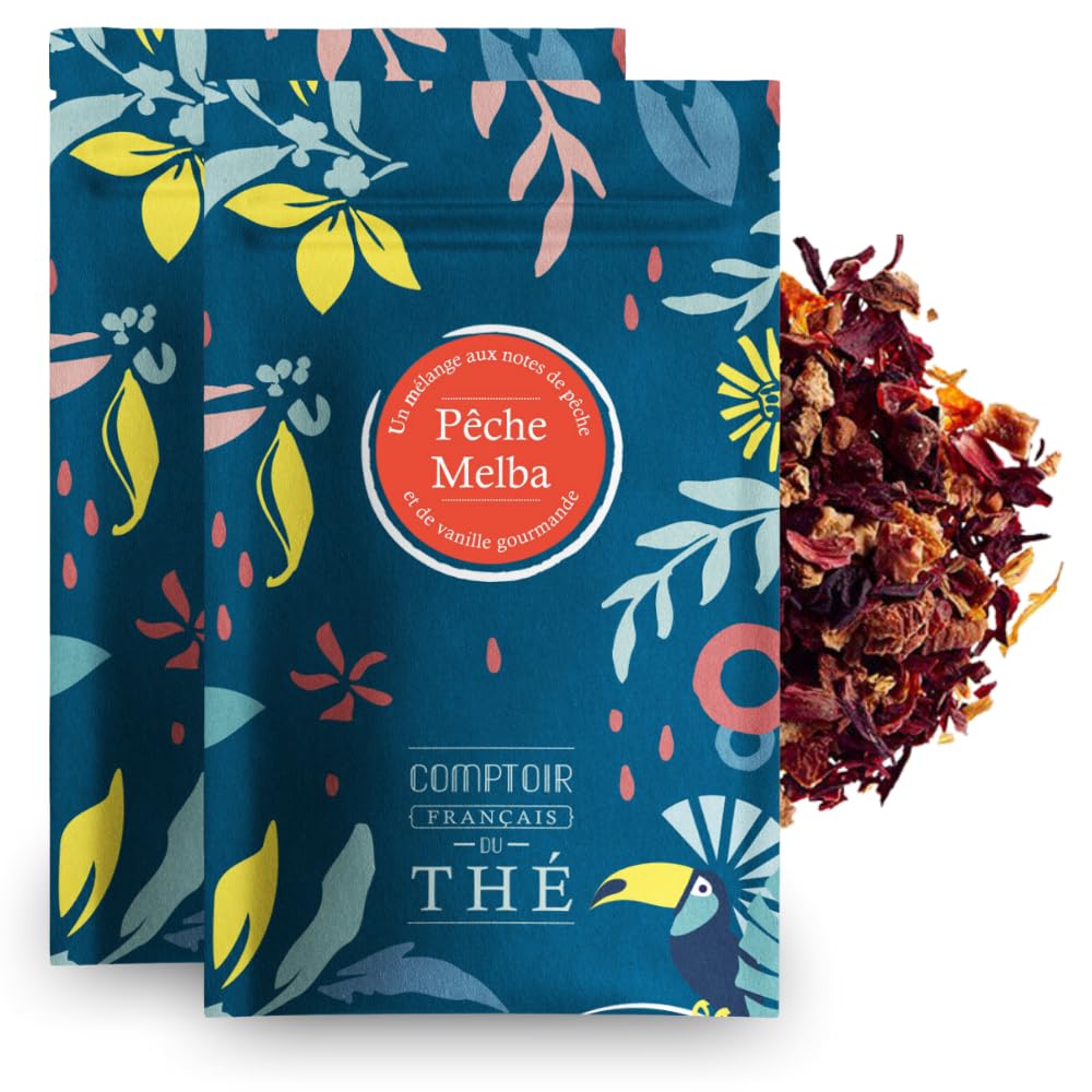 2x100g d'Infusion Pêche Vanille - Pêche Melba COMPTOIR FRANÇAIS DU THÉ | Notes de Pêche et de Vanille - Délicieux chaud ou glacé, parfait en thé glacé maison - coffret thé à offrir - thé de Noël