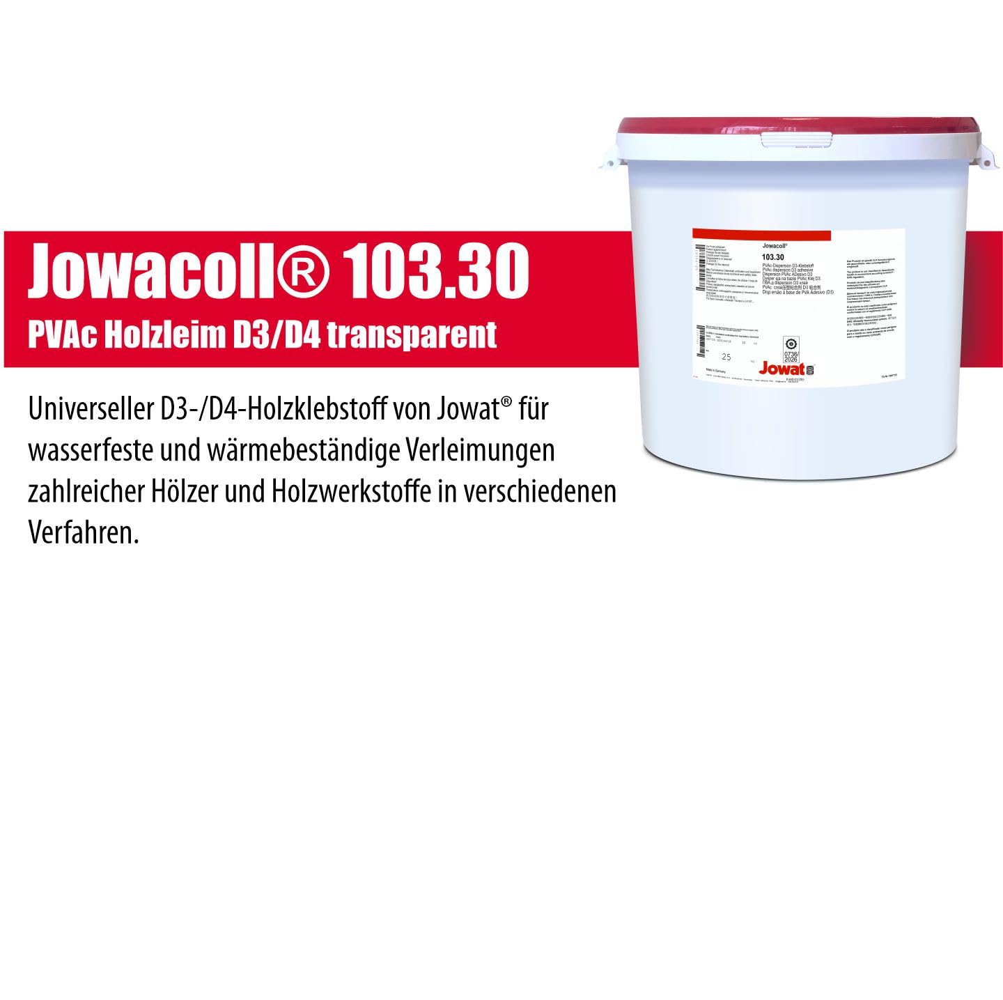 Jowat Jowacoll 103.30 25 kg Holzleim-Set inkl. Leimspachtel – Dispersionsleim für Holz, Kanten, Furniere & Möbelbau – hohe Festigkeit