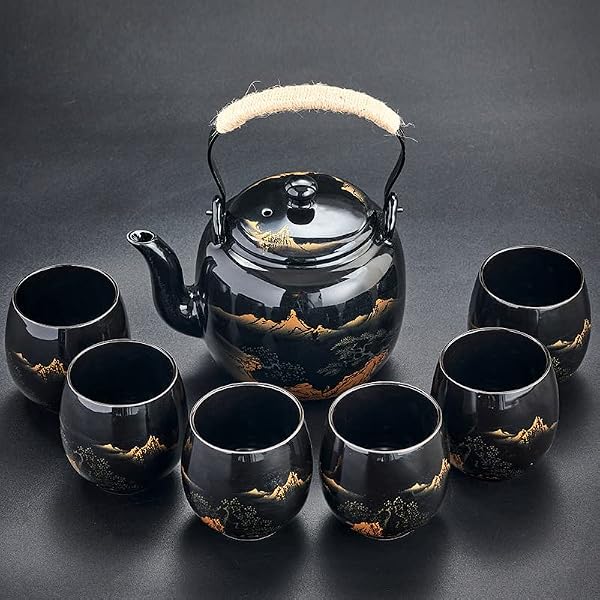 Japanese Tea Set, Black Glazed Tea Set in Gift Box With 1 Teapot, 1 Tea Strainer, 1 Tea Tray and 6 Tea Cups. Ideal Tea Set for Office Home, Asian Tea Sets for Tea Lovers(Landscape Black and Black Cup) by JUWNMANT - Used condition - Image 3