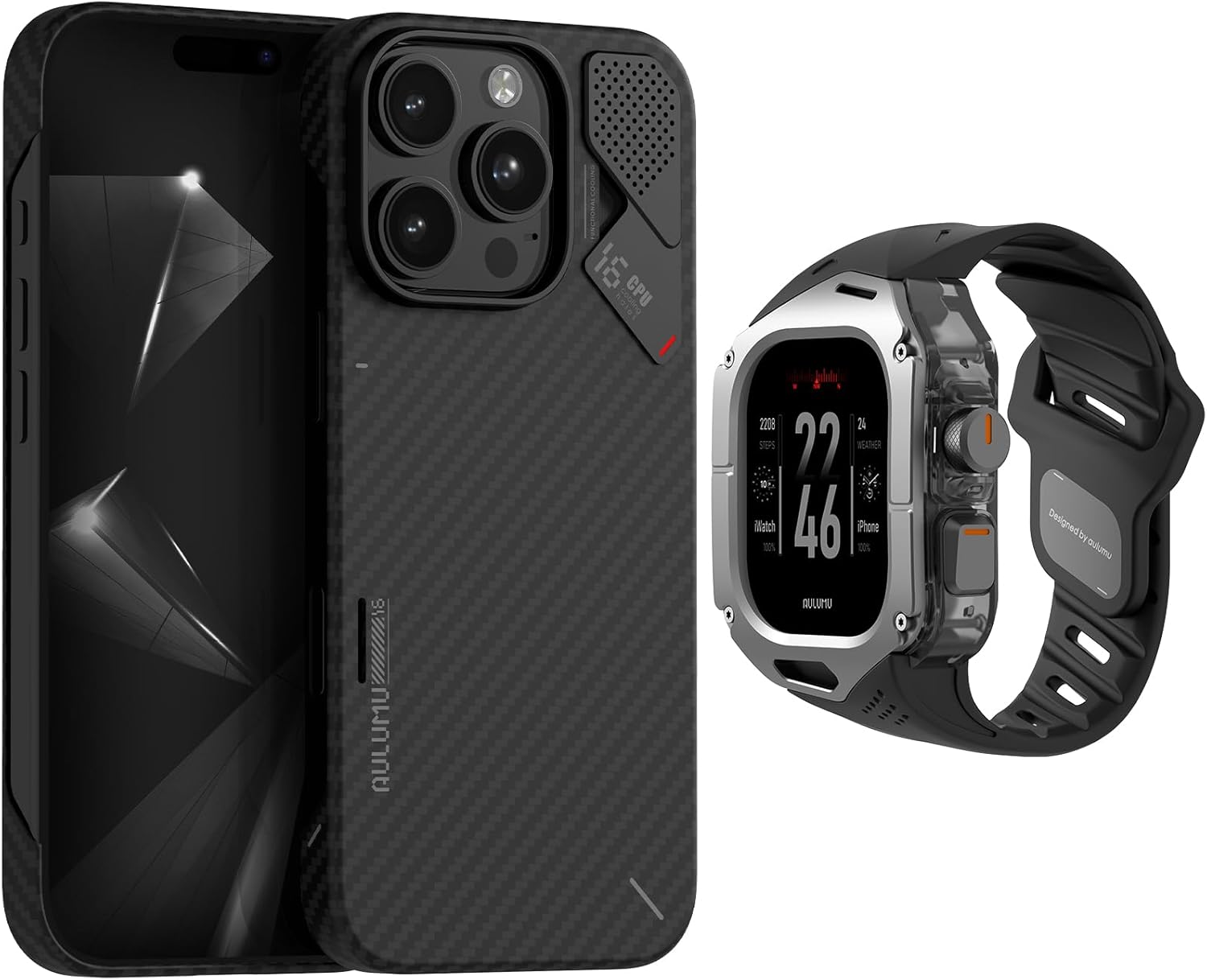 Aulumu A16 Aramid Fiber for iPhone 16 Pro Max +A01 Titanium Case with Apple Watch Ultra Band 49MM[Black] Luxury Set