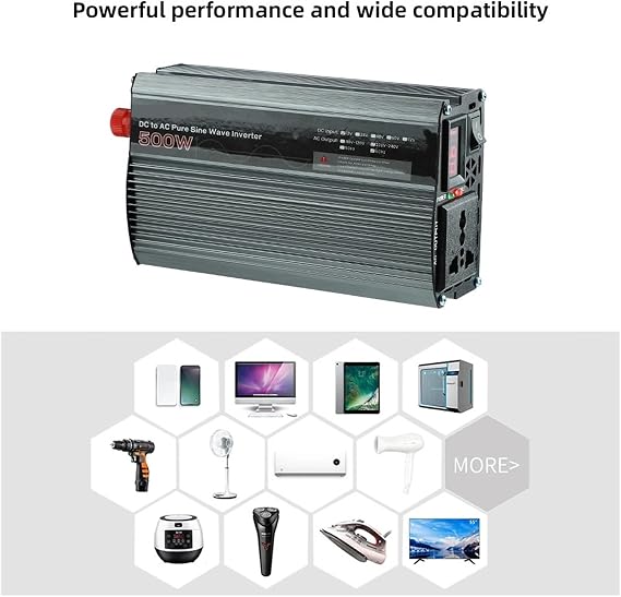 500W Pure Sine Wave Inverter 12V/24V AC Voltage Converter Power Peak 1000W Wide Application(12V 50HZ)