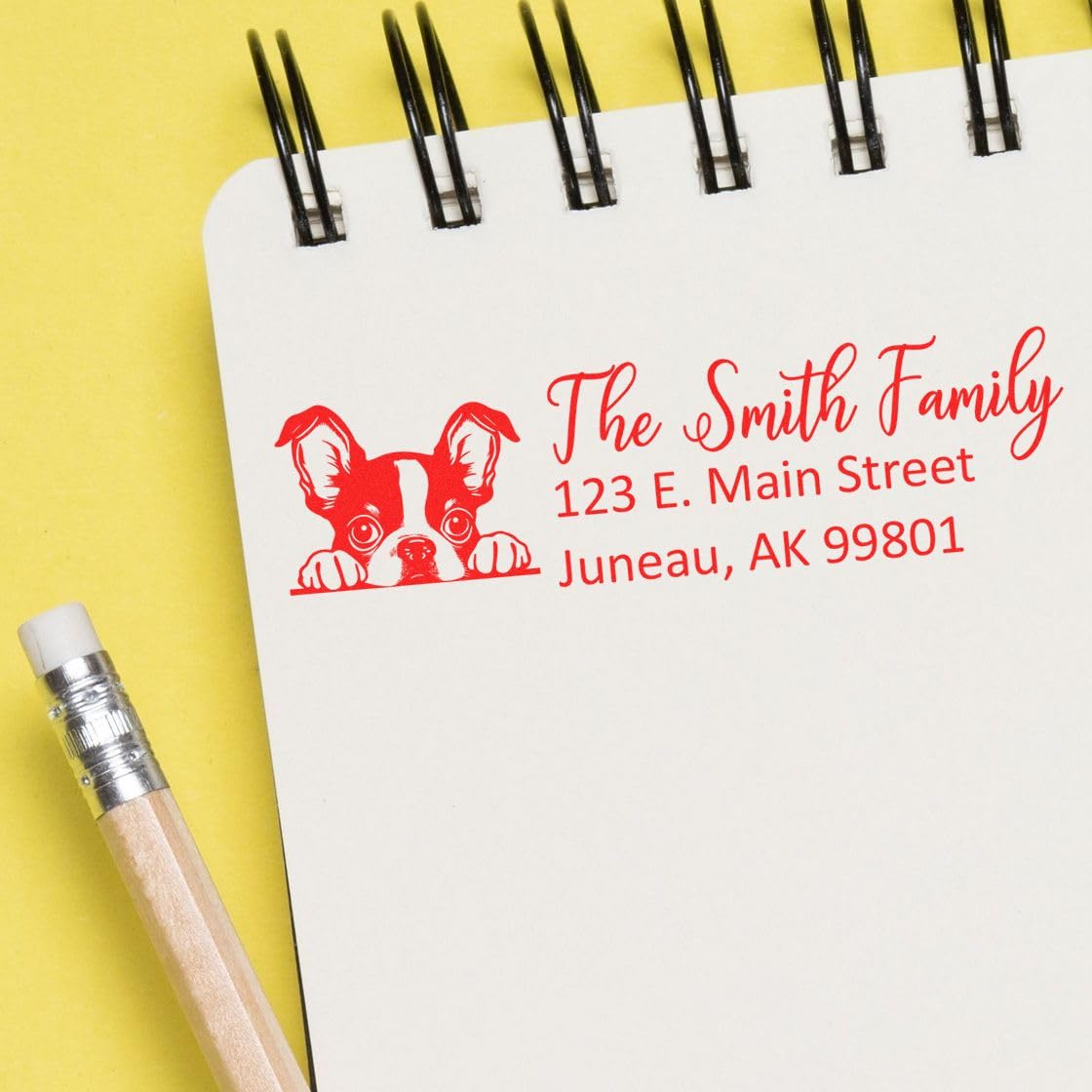 Personalized Boston Terrier Address Rubber Stamper, Peeking Puppy Design, Wood Handle, Ideal for Return Address Stamping, Use with Stamp Pad, Size 7/8