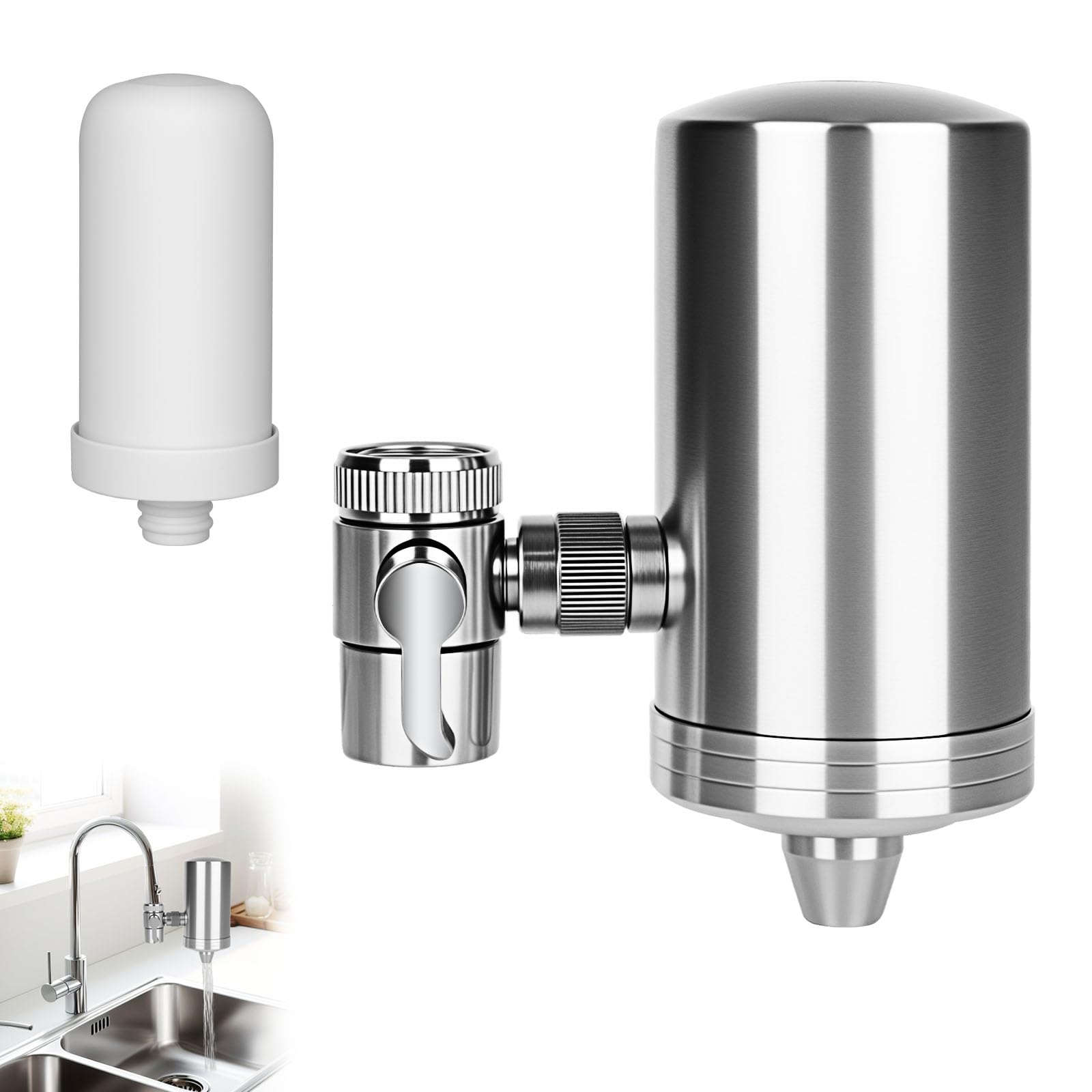 Robinet filtrant à eau, purificateur d'eau sans installation en acier inoxydable pour robinets ménagers, robinet filtrant avec élimine le chlore et purification de l'eau (1 filtre inclus)